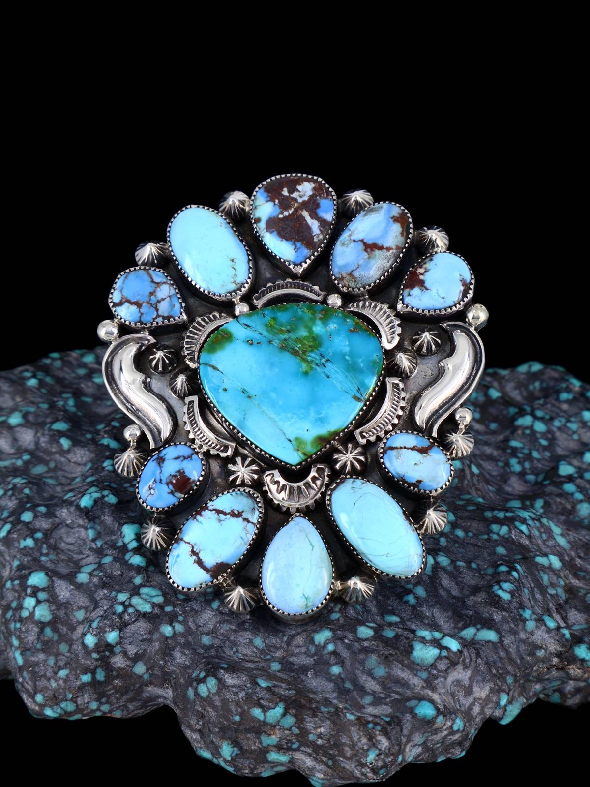 LARGE Navajo Sterling Silver Turquoise Cluster Ring, Size 8 1/2 - PuebloDirect.com