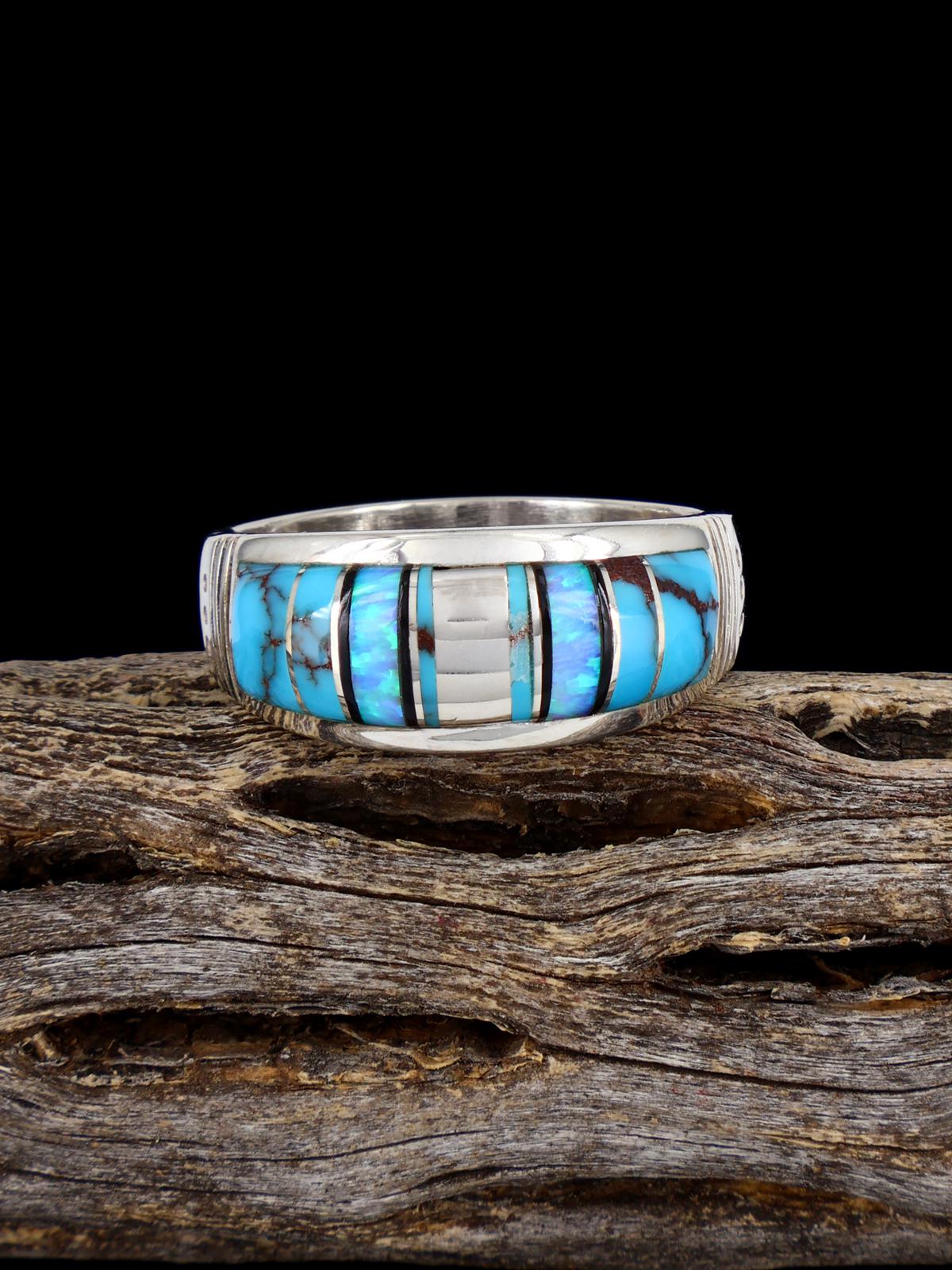 Navajo Turquoise and Opalite Inlay Ring, Size 10 3/4 - PuebloDirect.com