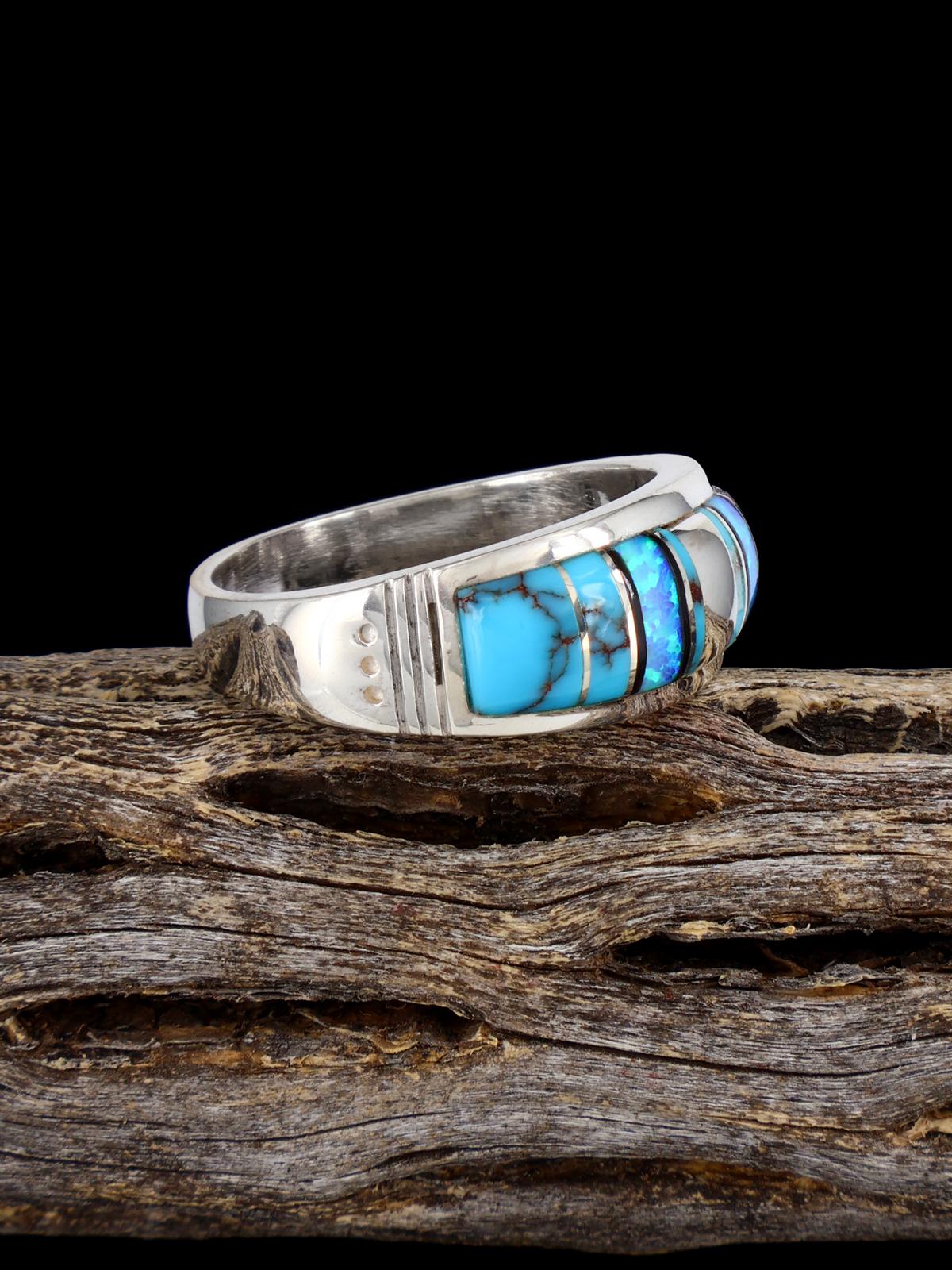 Navajo Turquoise and Opalite Inlay Ring, Size 10 3/4 - PuebloDirect.com