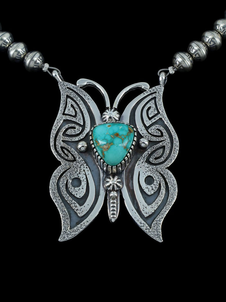 Native American Sterling Silver Natural Carico Lake Turquoise Butterfly Necklace - PuebloDirect.com