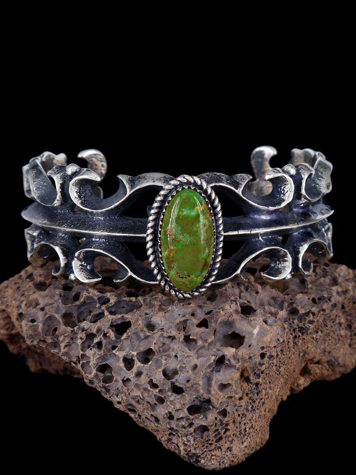 Navajo Royston Turquoise Sandcast Sterling Silver Cuff Bracelet - PuebloDirect.com