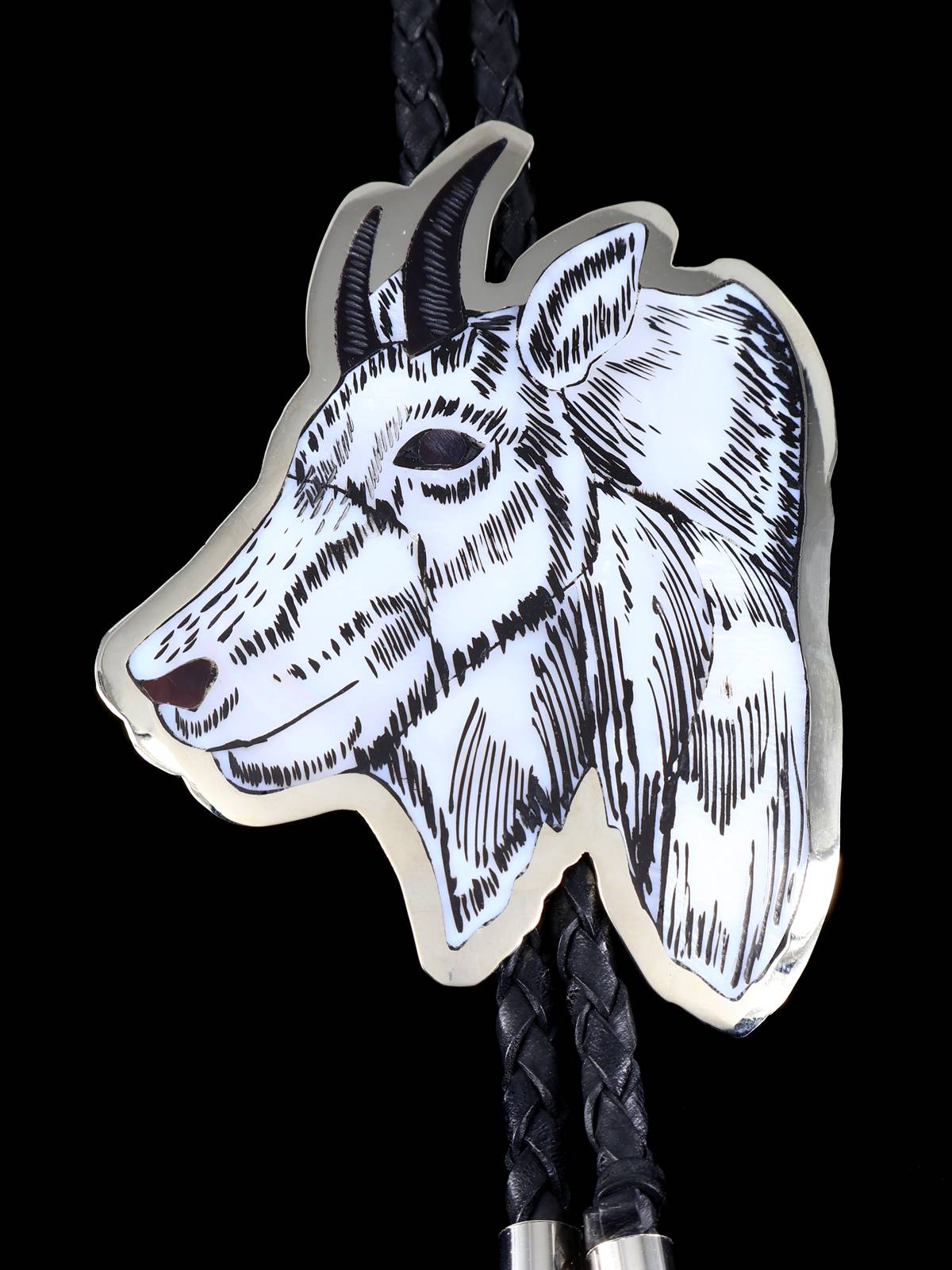 Sterling Silver Zuni Inlay Billy Goat Bolo Tie - PuebloDirect.com