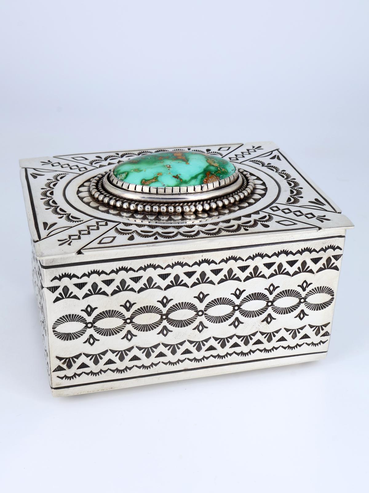 Navajo Sterling Silver Natural Royston Turquoise Stamped Jewelry Box - PuebloDirect.com