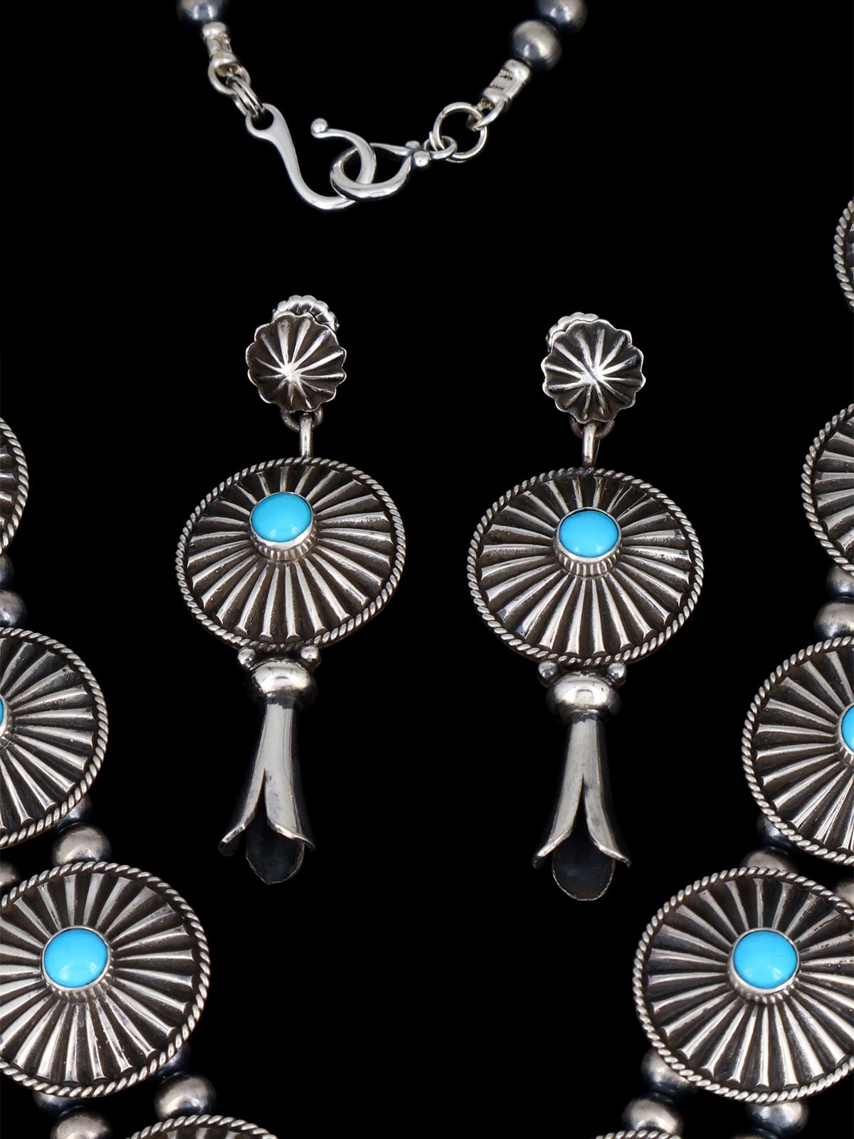 Juego de collar de flor de calabaza de ónix negro de plata de ley de nativos americanos