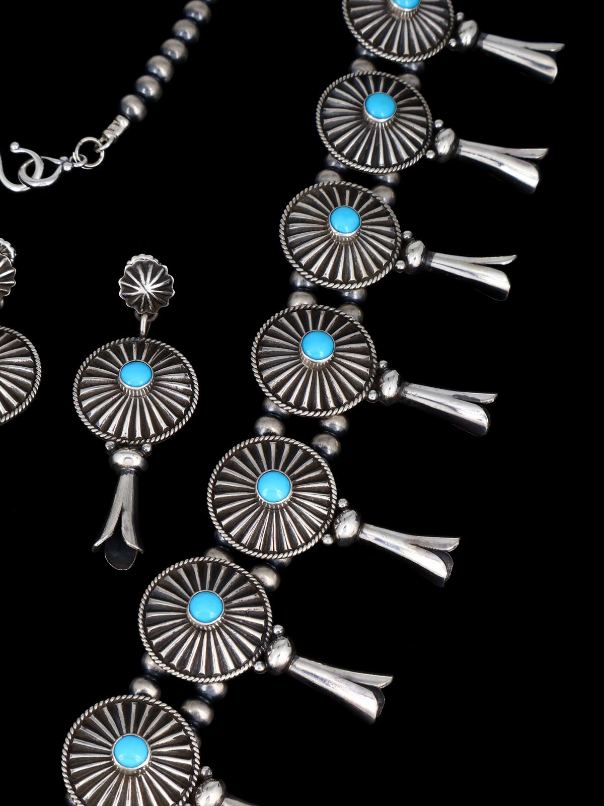 Juego de collar de flor de calabaza de ónix negro de plata de ley de nativos americanos