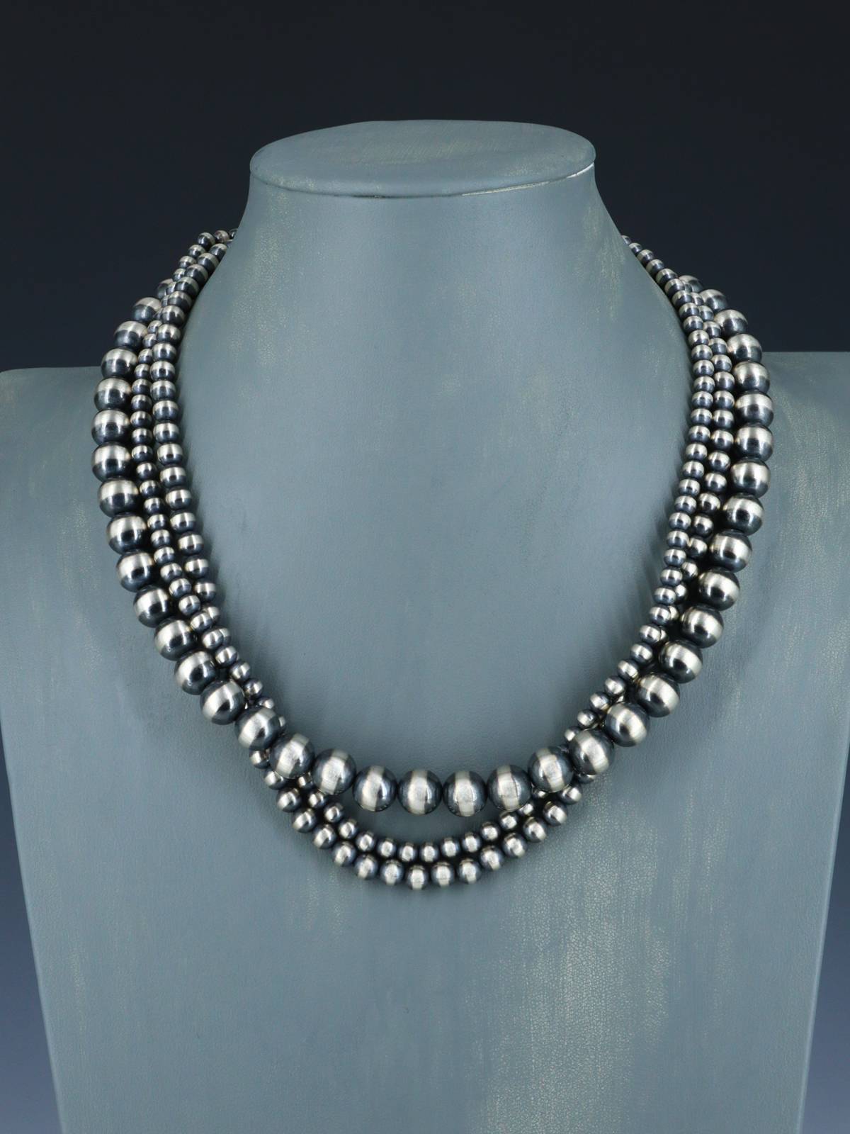 20" Navajo Jewelry Three Strand Sterling Silver Beaded Necklace - PuebloDirect.com