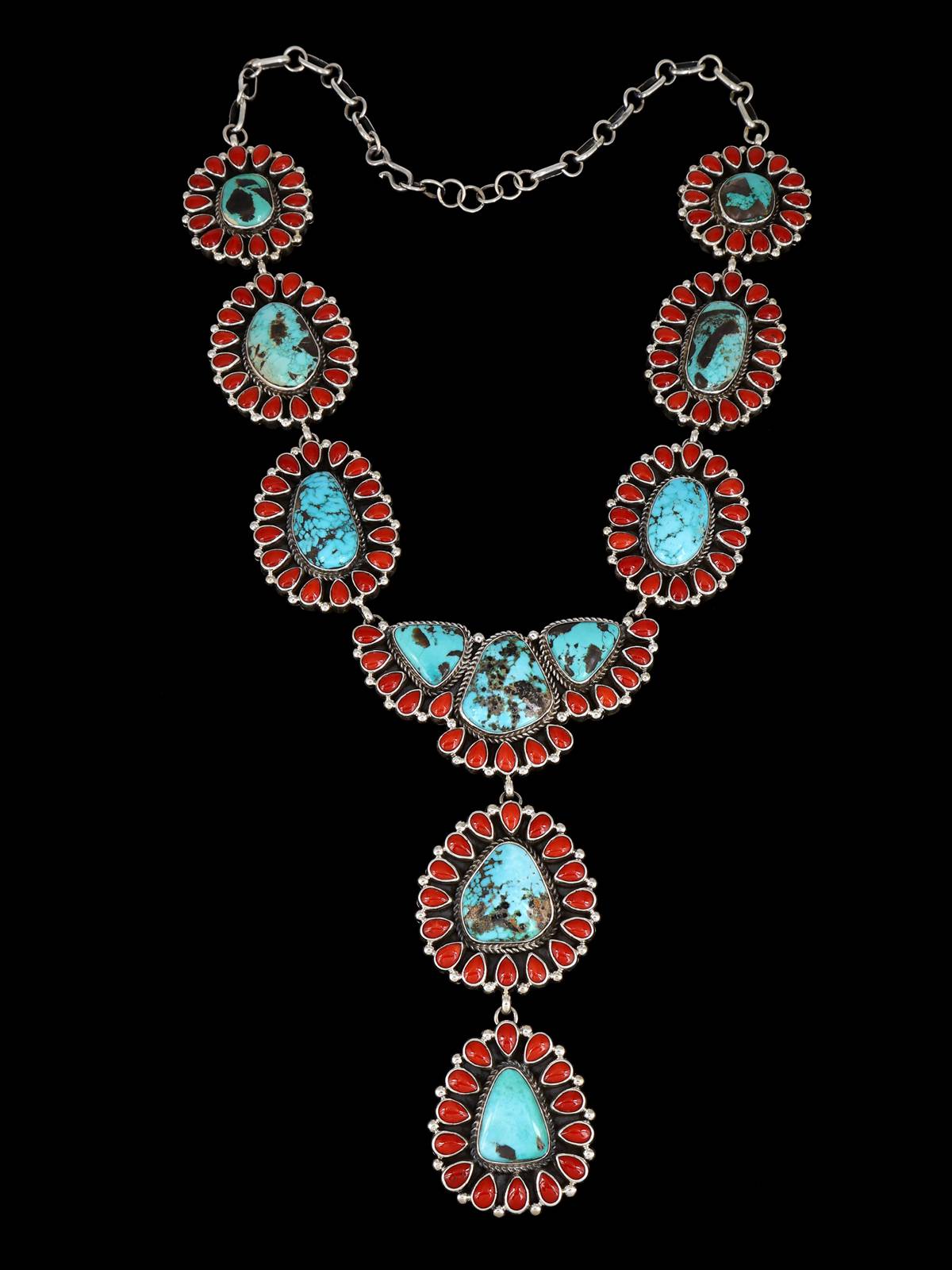 Native American Sterling Silver Carico Lake Turquoise and Coral Lariat Necklace - PuebloDirect.com