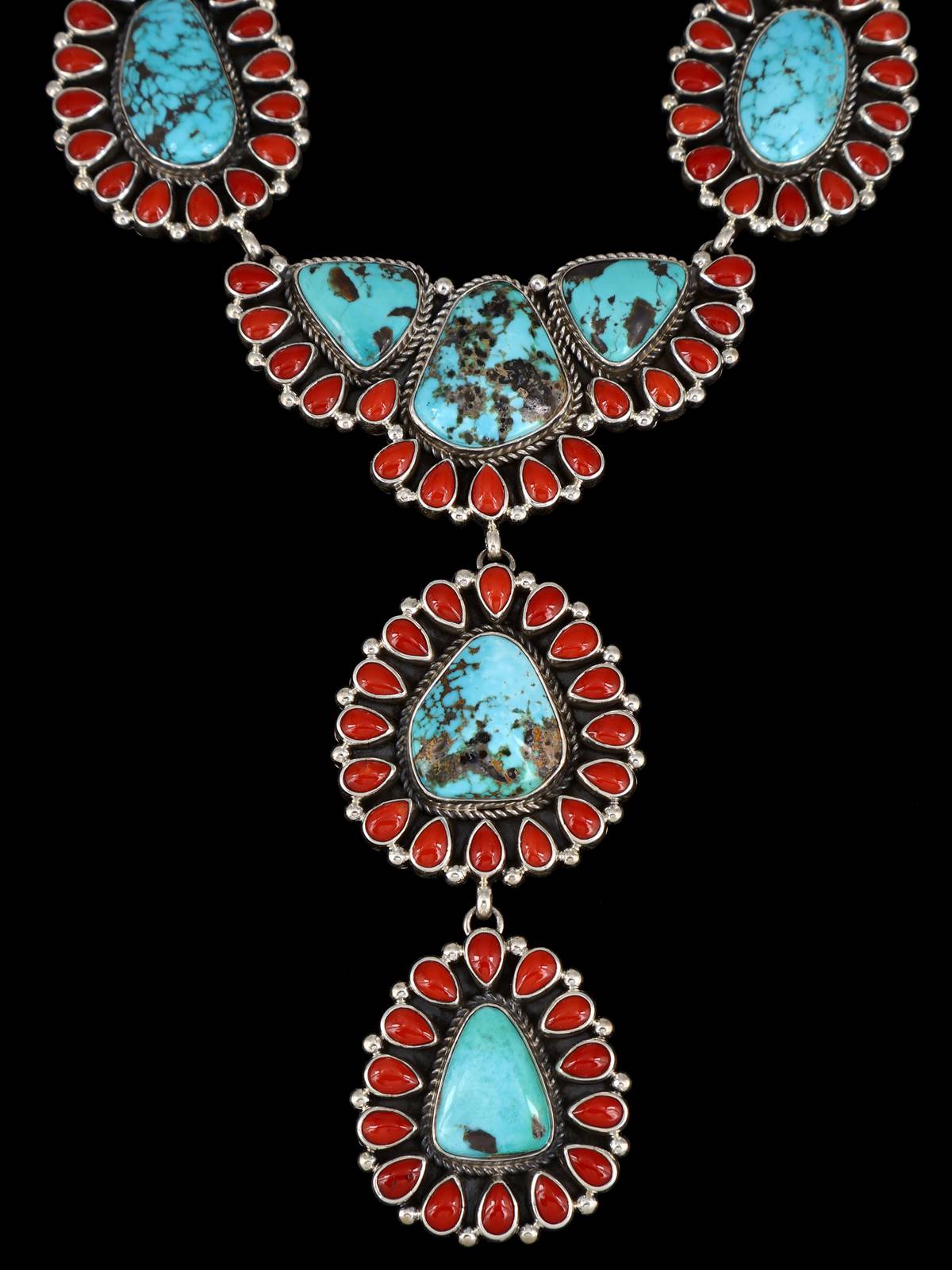 Native American Sterling Silver Carico Lake Turquoise and Coral Lariat Necklace - PuebloDirect.com