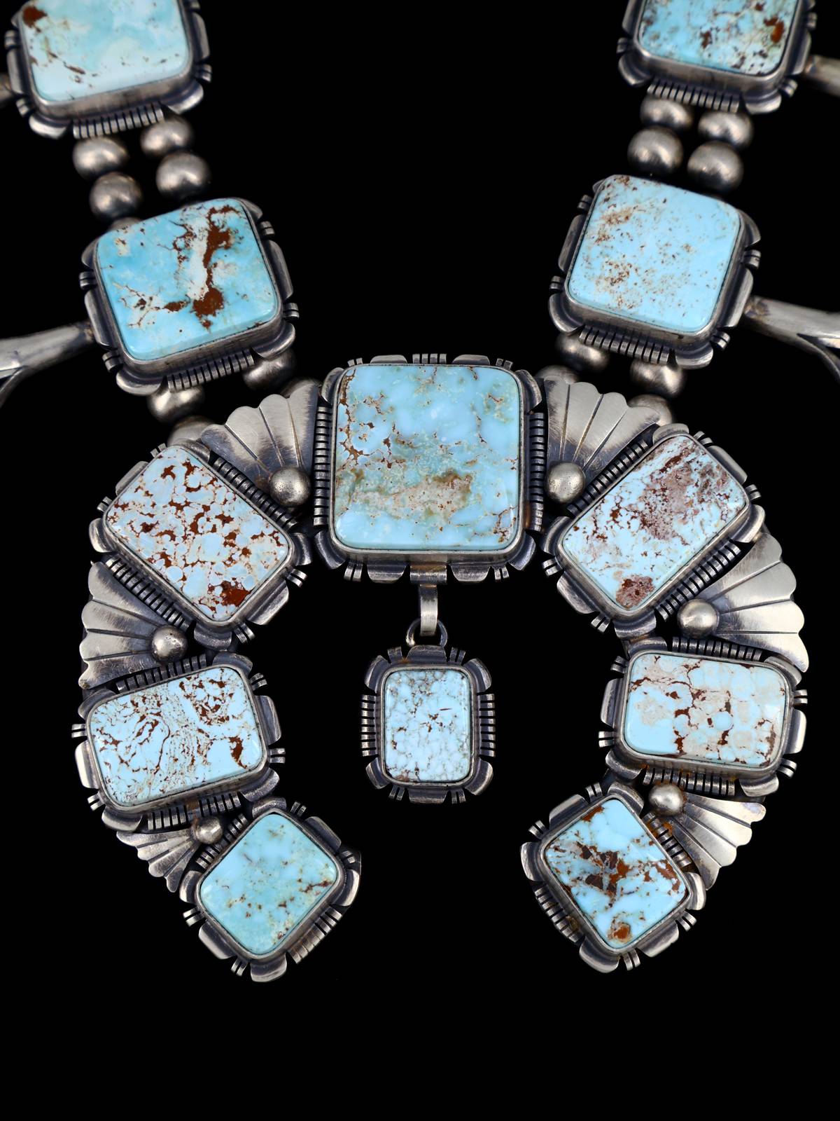 Native American Jewelry Dry Creek Turquoise Squash Blossom Necklace and Earrings Set - PuebloDirect.com