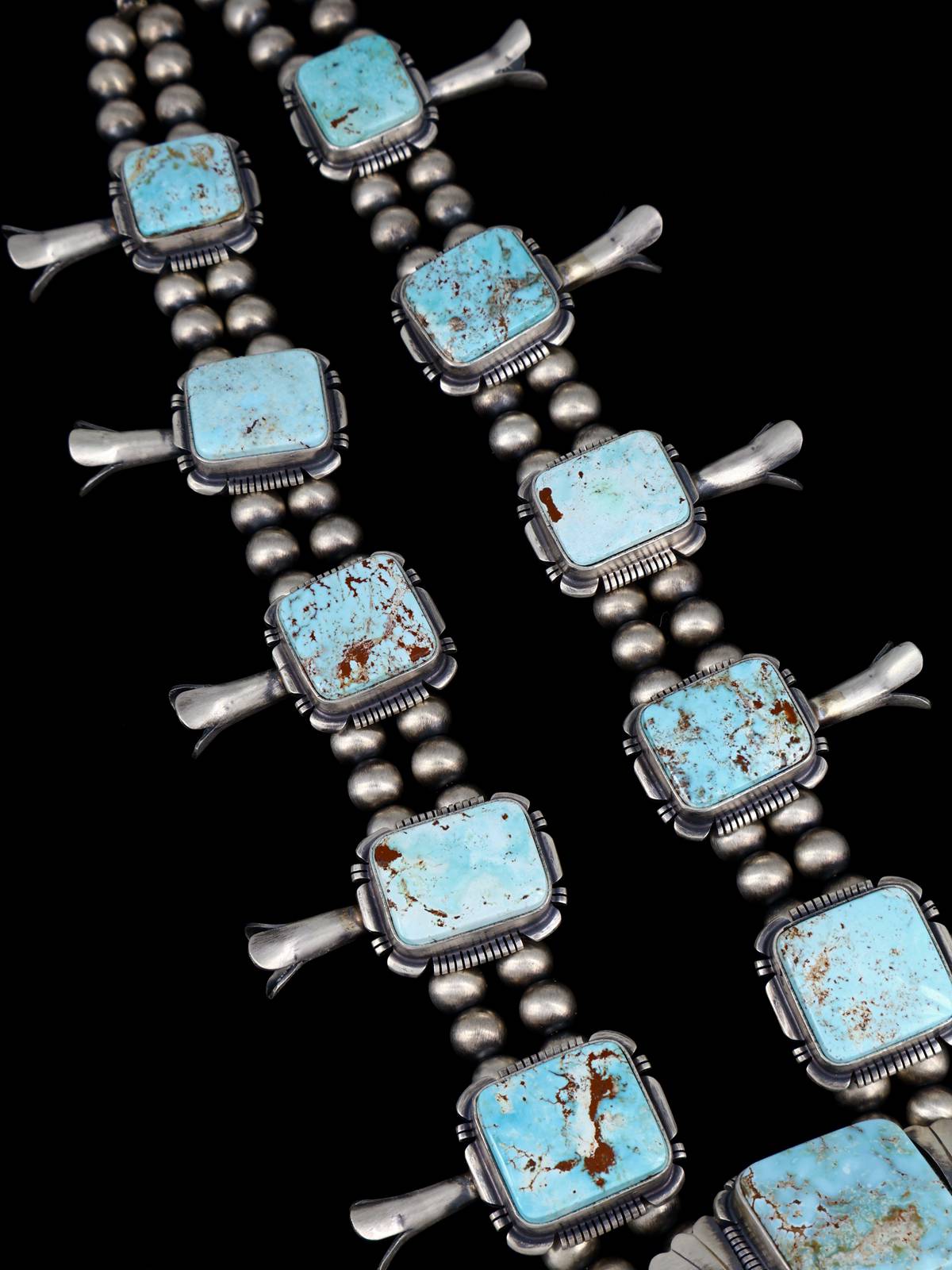 Native American Jewelry Dry Creek Turquoise Squash Blossom Necklace and Earrings Set - PuebloDirect.com