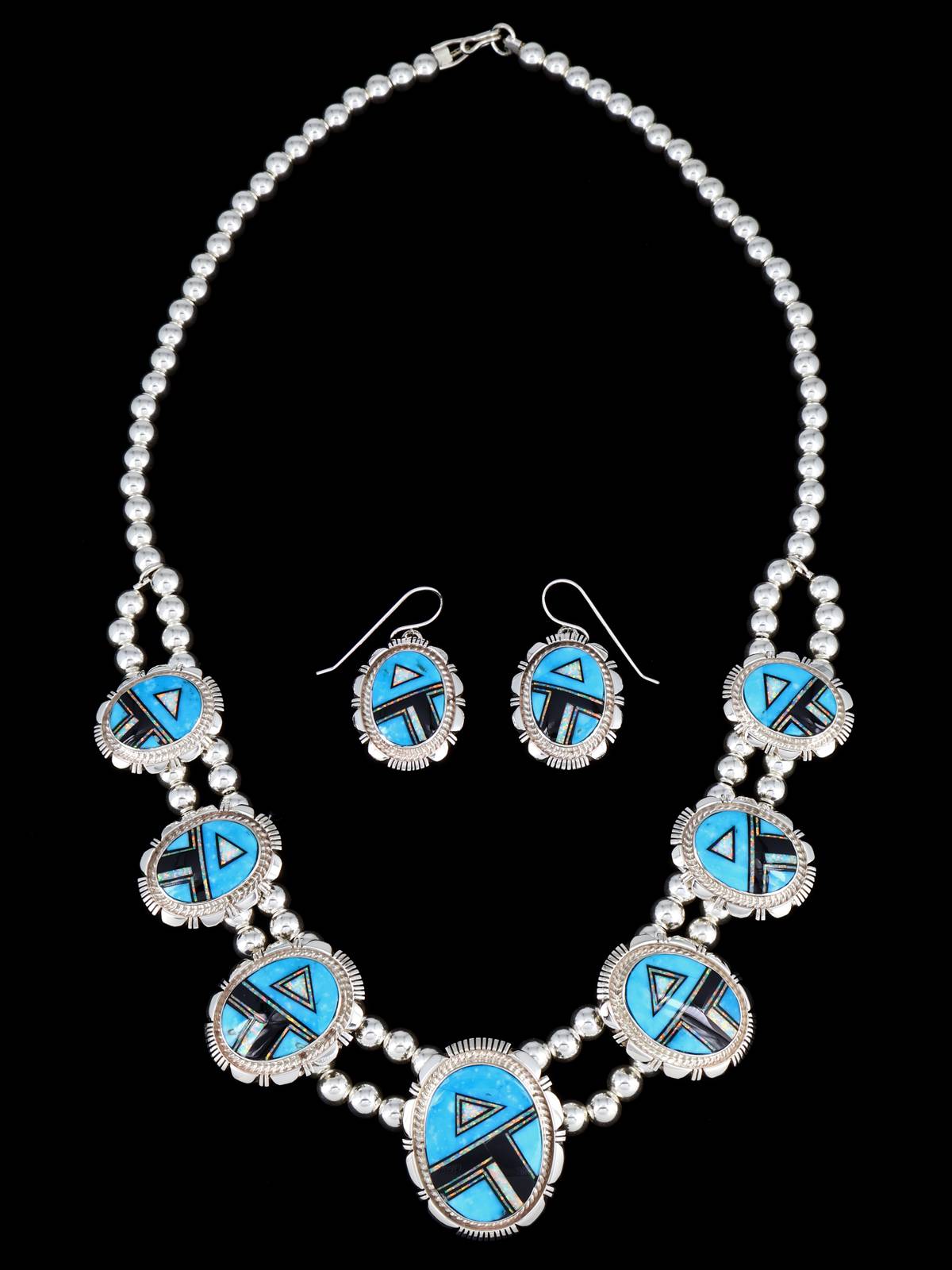 Navajo Jewelry Turquoise and Opalite Inlay Necklace and Earrings Set - PuebloDirect.com