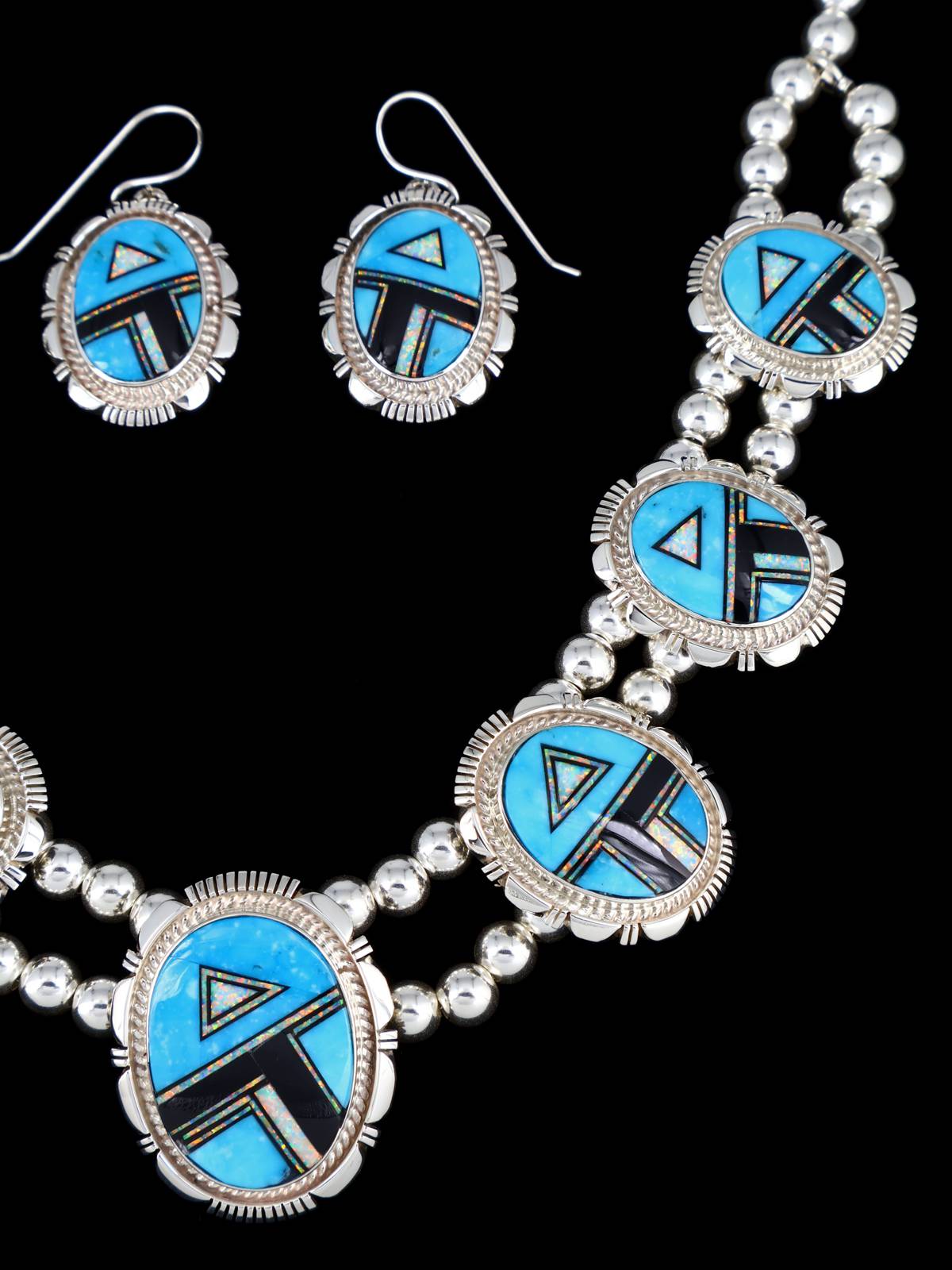 Navajo Jewelry Turquoise and Opalite Inlay Necklace and Earrings Set - PuebloDirect.com