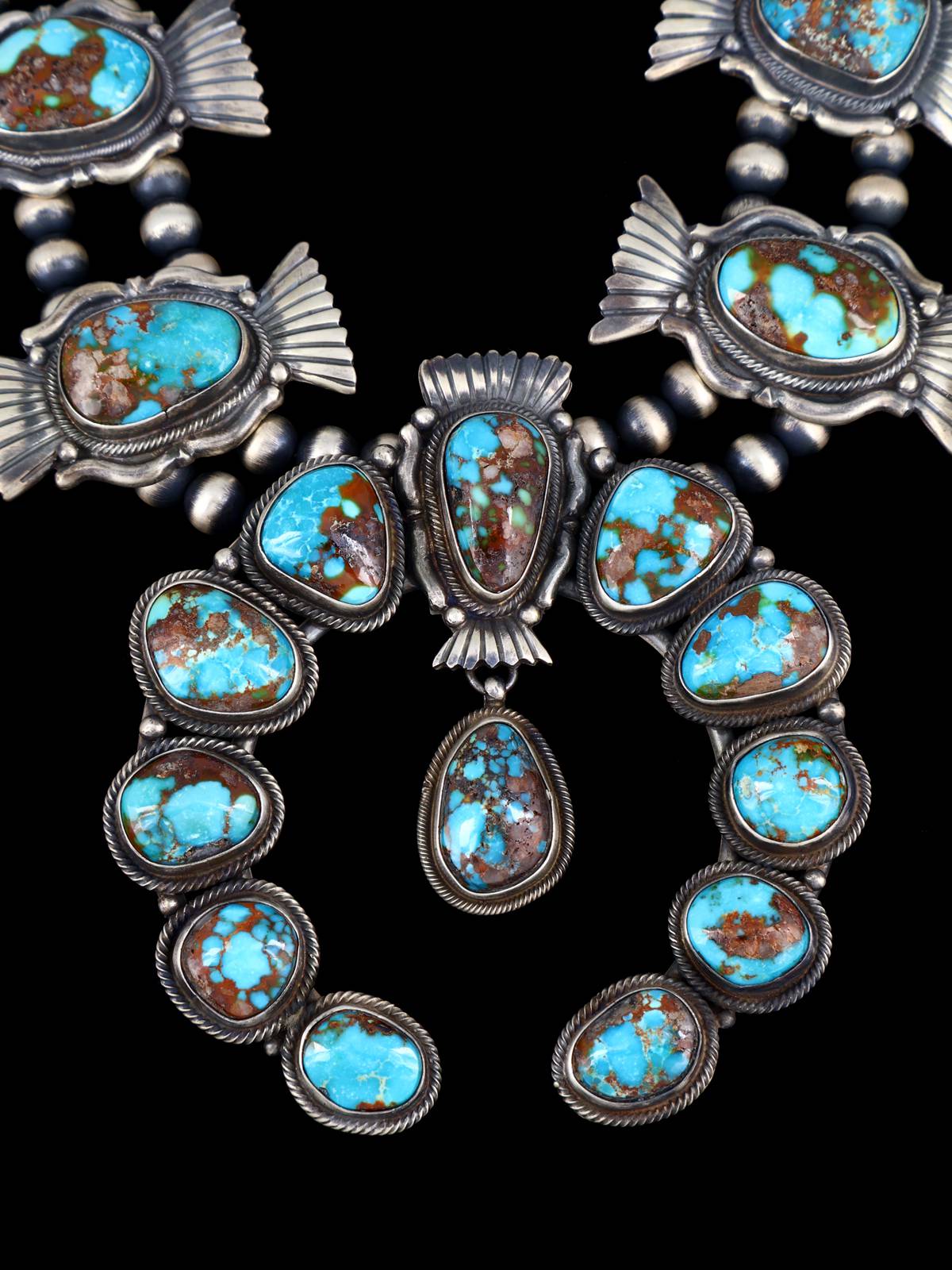 Navajo Natural Bisbee Turquoise Sterling Silver Squash Blossom Necklace - PuebloDirect.com