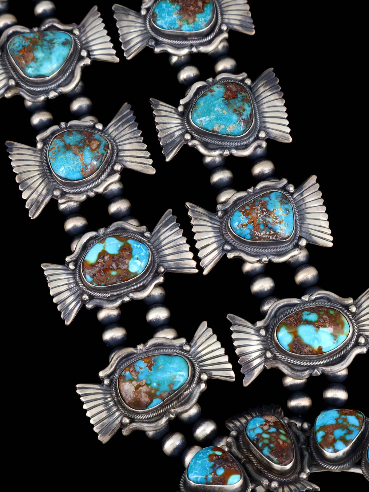 Navajo Natural Bisbee Turquoise Sterling Silver Squash Blossom Necklace - PuebloDirect.com