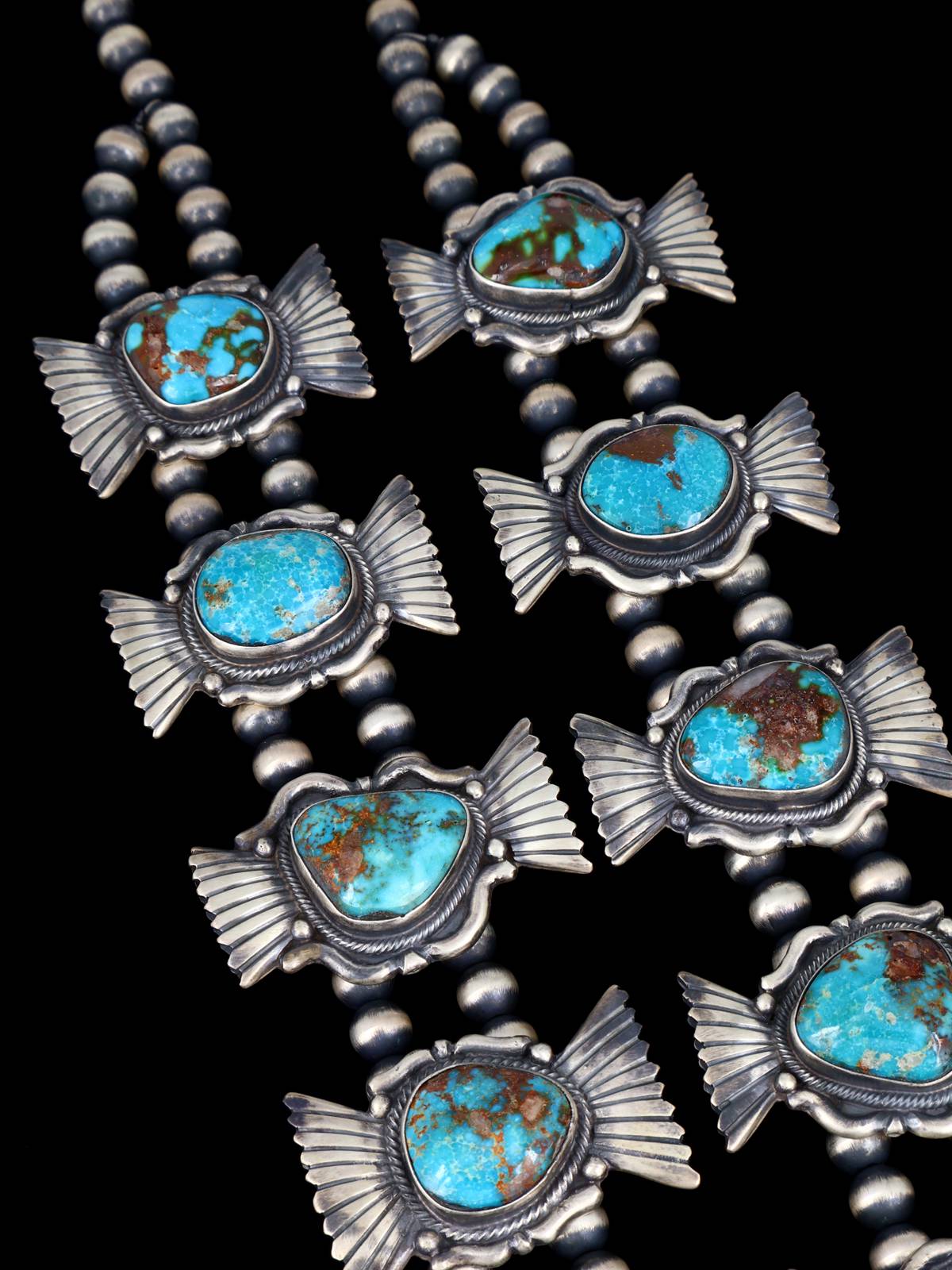 Navajo Natural Bisbee Turquoise Sterling Silver Squash Blossom Necklace - PuebloDirect.com