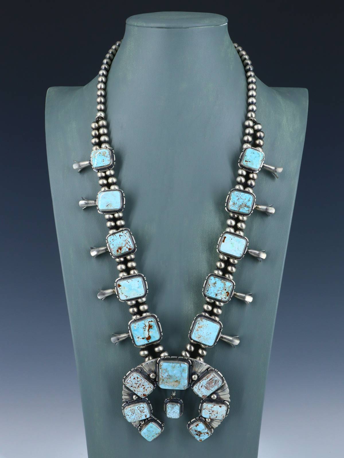 Native American Jewelry Dry Creek Turquoise Squash Blossom Necklace and Earrings Set - PuebloDirect.com