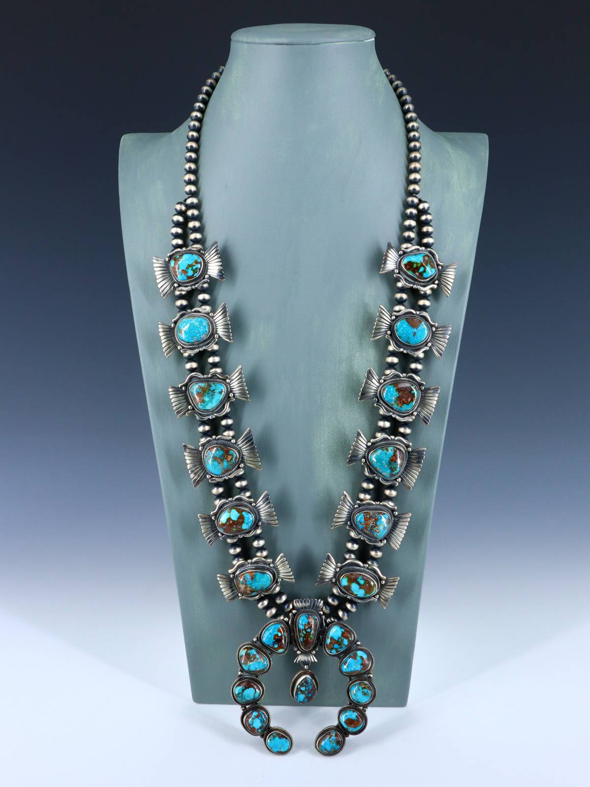 Navajo Natural Bisbee Turquoise Sterling Silver Squash Blossom Necklace - PuebloDirect.com