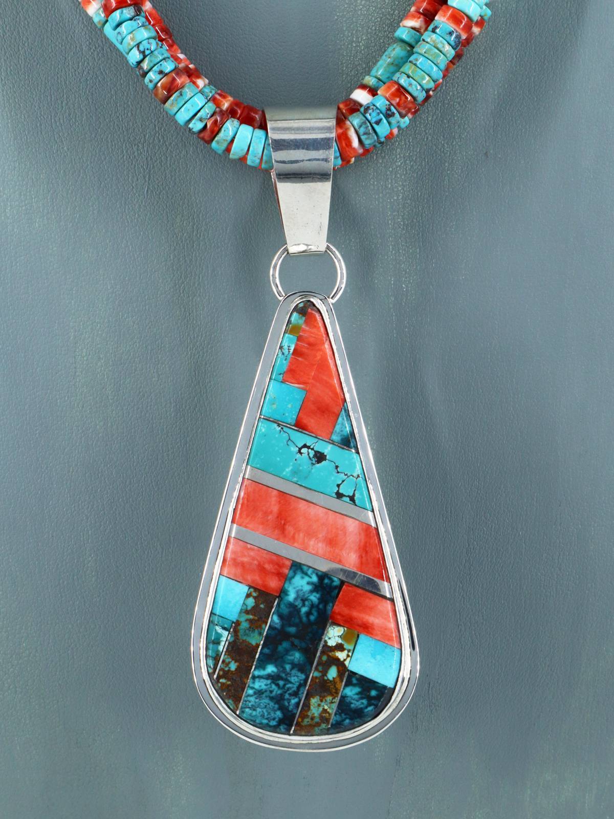 Native American Santo Domingo Spiny Oyster and Turquoise Necklace - PuebloDirect.com