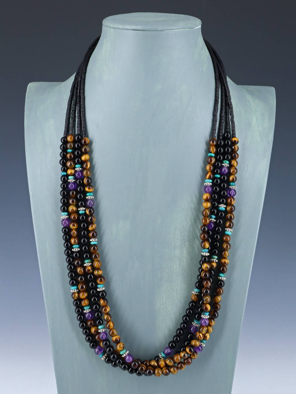 28" Navajo Multi Strand Tiger Eye and Black Onyx Necklace - PuebloDirect.com