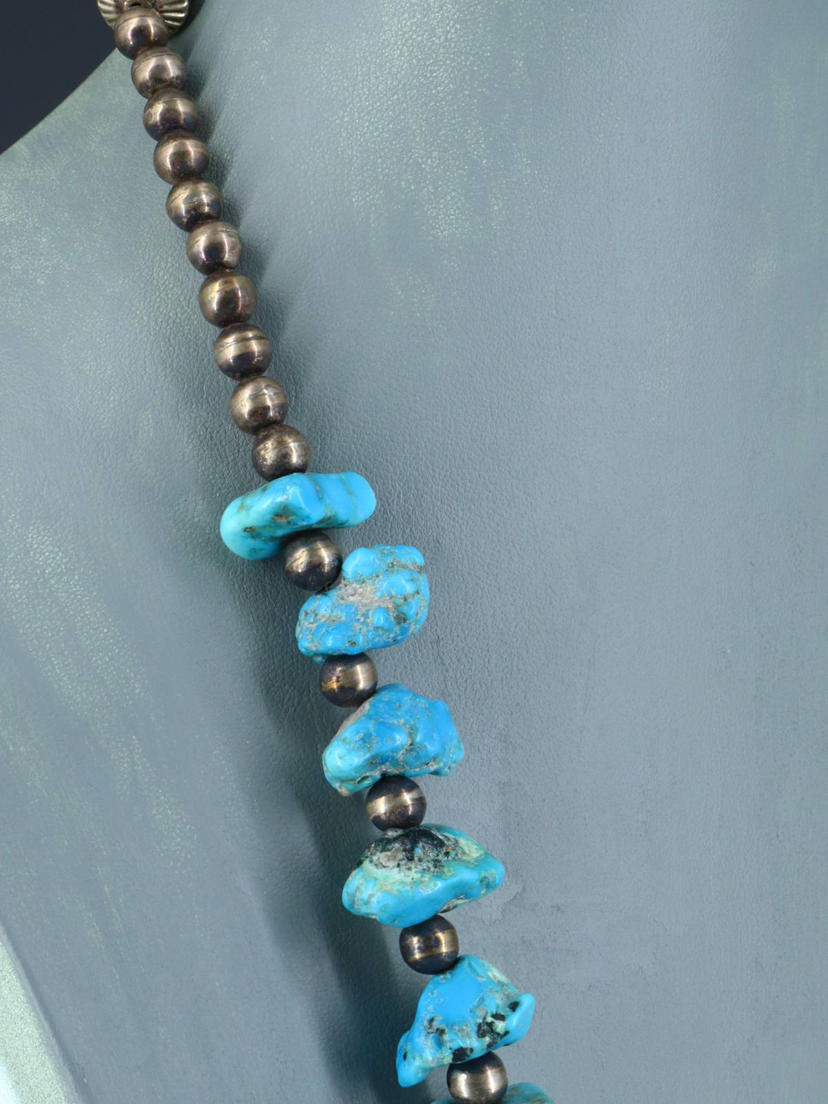 Vintage Native American Turquoise Sterling Silver Nugget Necklace - PuebloDirect.com