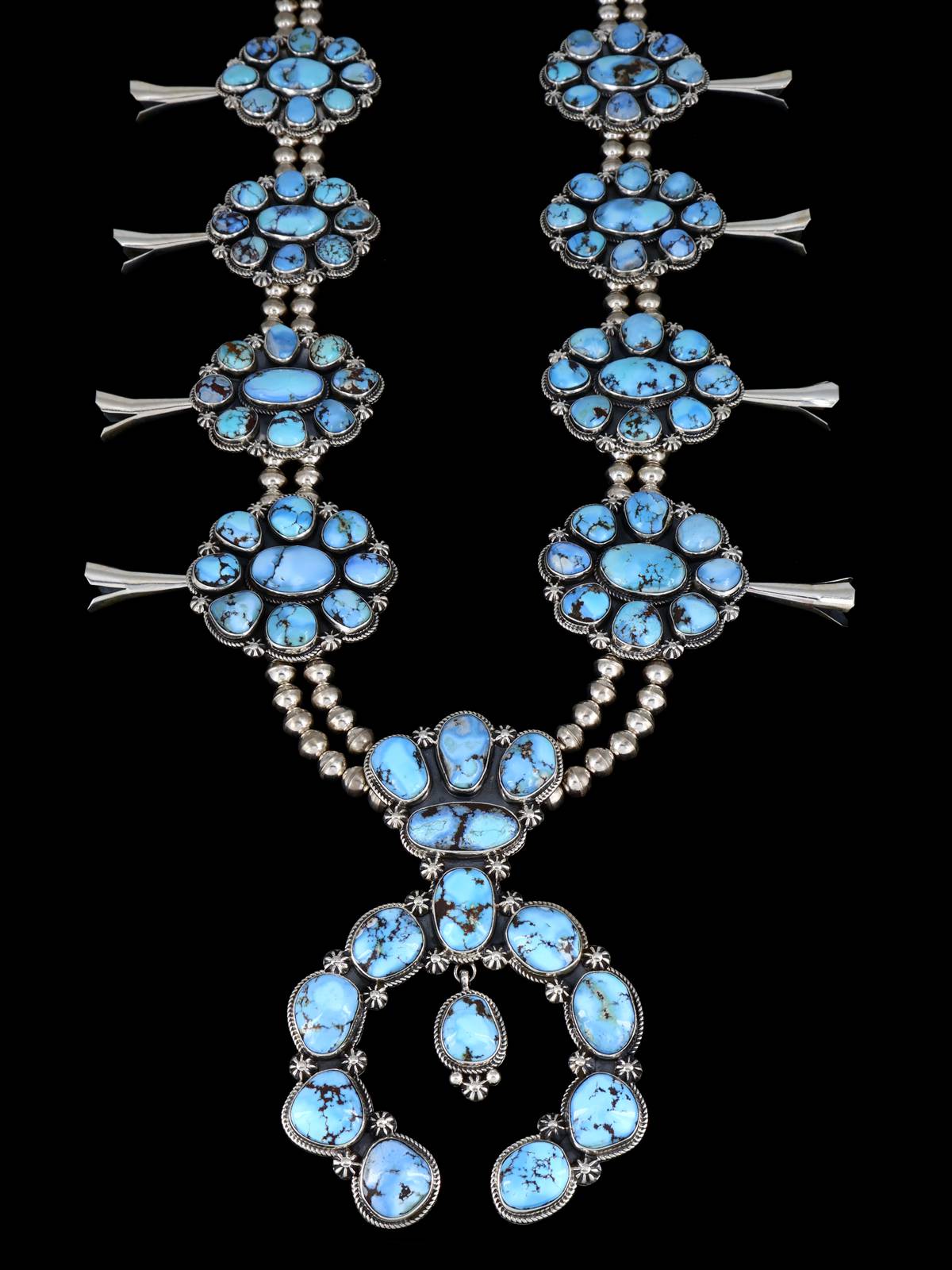 Navajo Natural Golden Hill Turquoise Squash Blossom Necklace