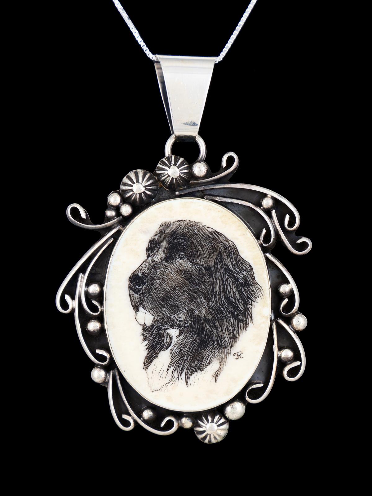 Navajo Sterling Silver Scrimshaw Bone Pendant - PuebloDirect.com