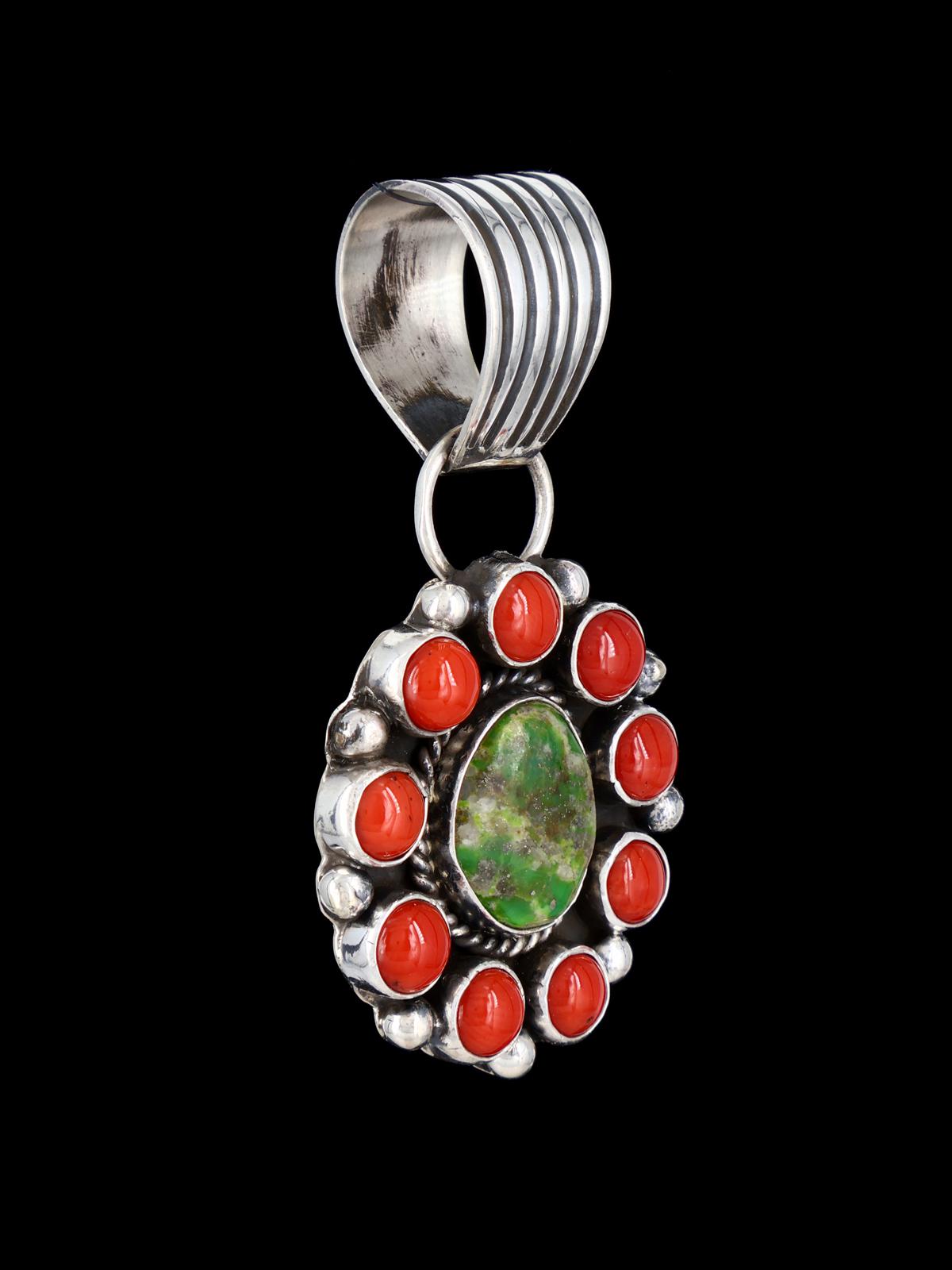 Navajo Sterling Silver Sonoran Gold Turquoise and Coral Cluster Pendant