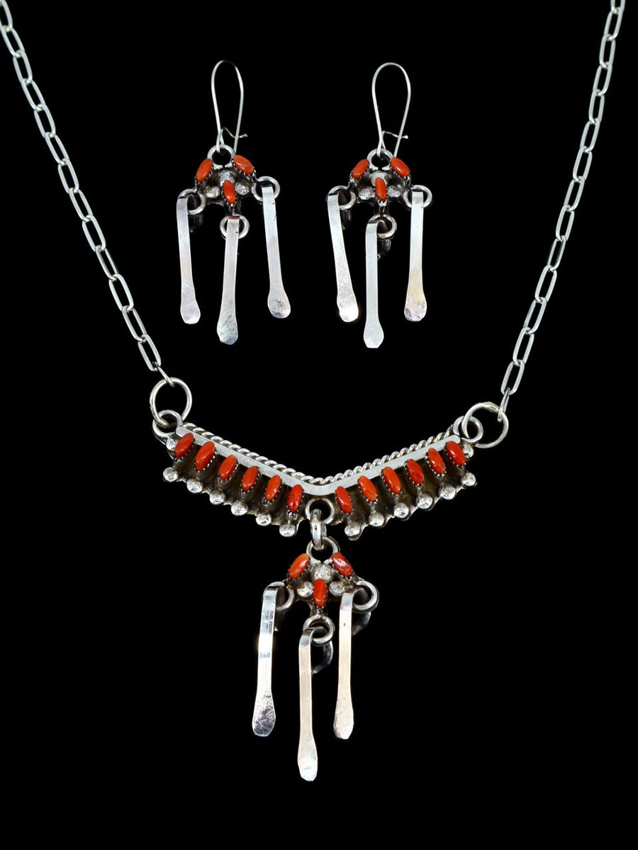 Native American Zuni Coral Necklace and Earrings Set
