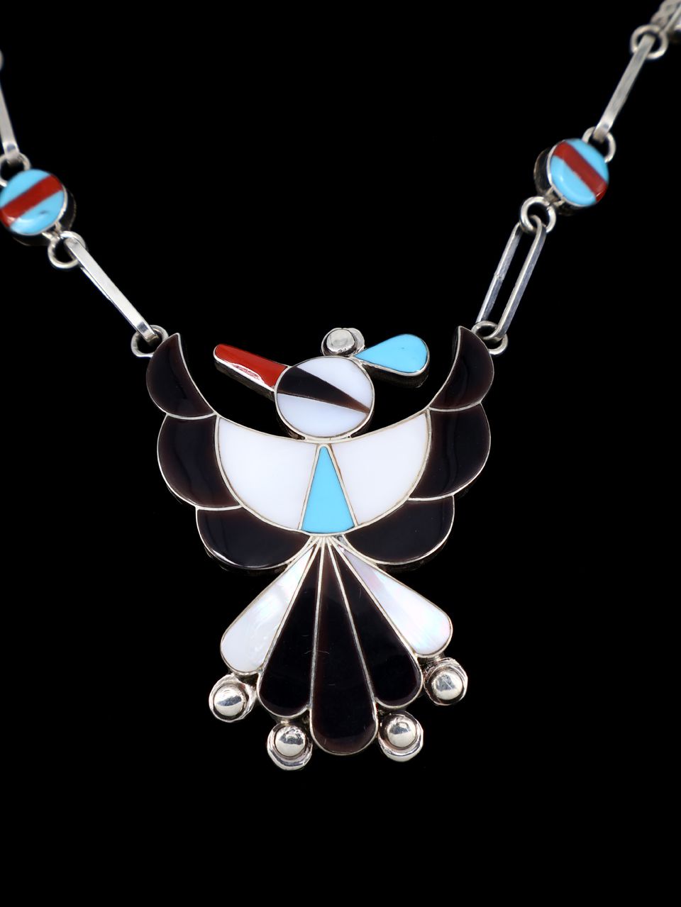 Sterling Silver Native American Zuni Inlay Thunderbird Necklace Set - PuebloDirect.com