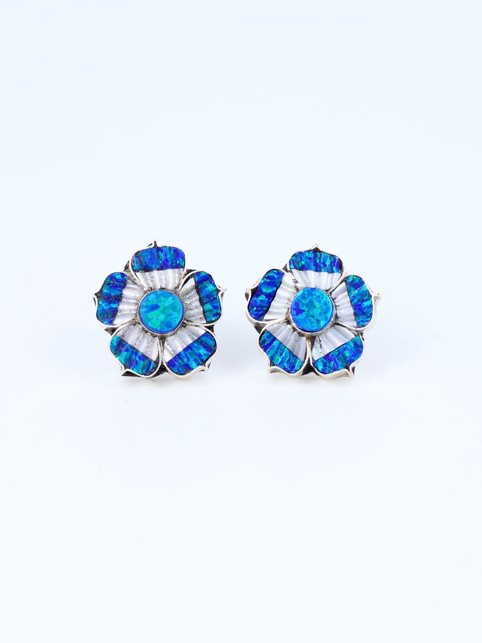 Zuni Sterling Silver Blue Opalite Flower Post Earrings - PuebloDirect.com