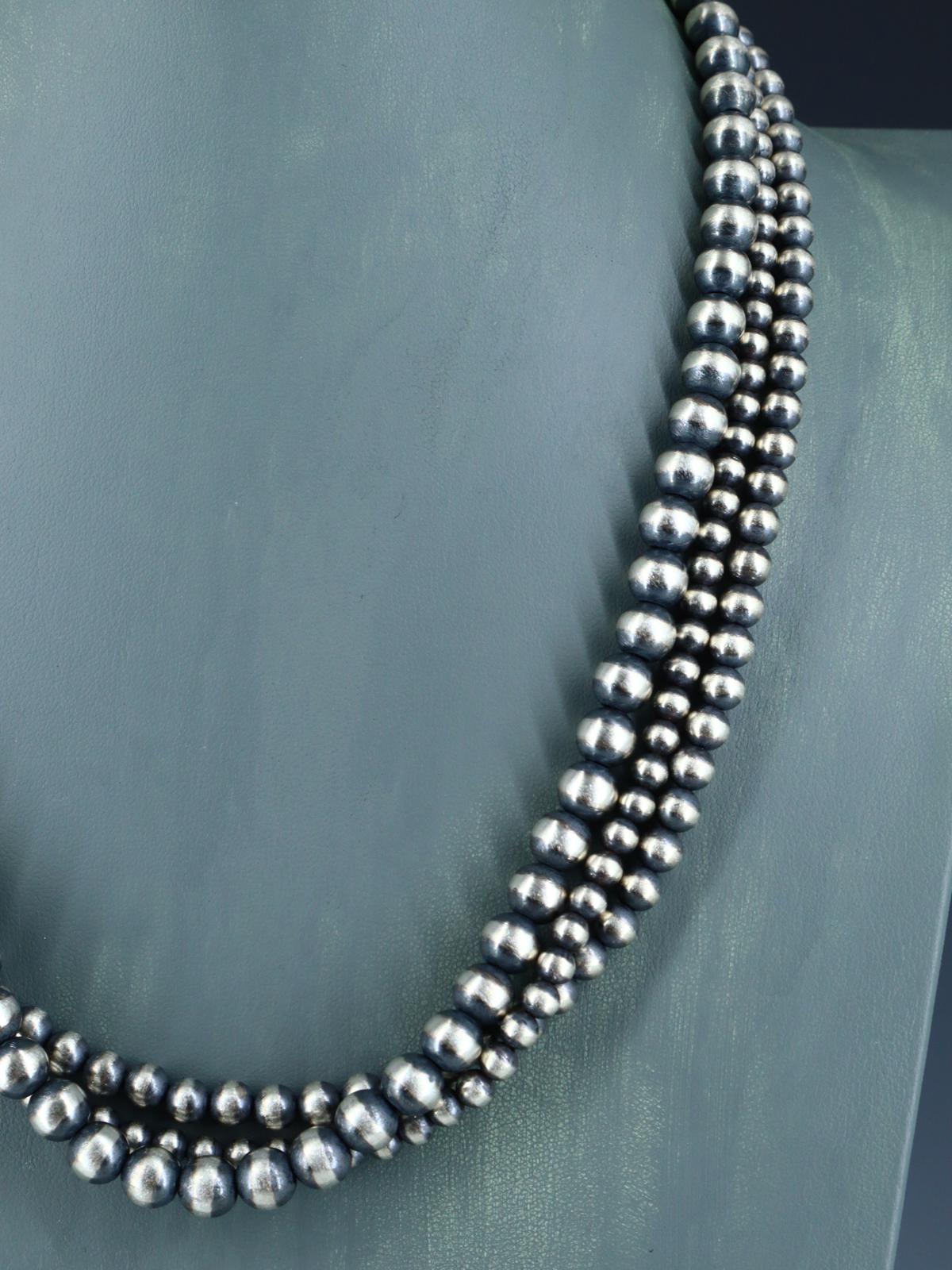 22" Navajo Jewelry Three Strand Sterling Silver Beaded Necklace