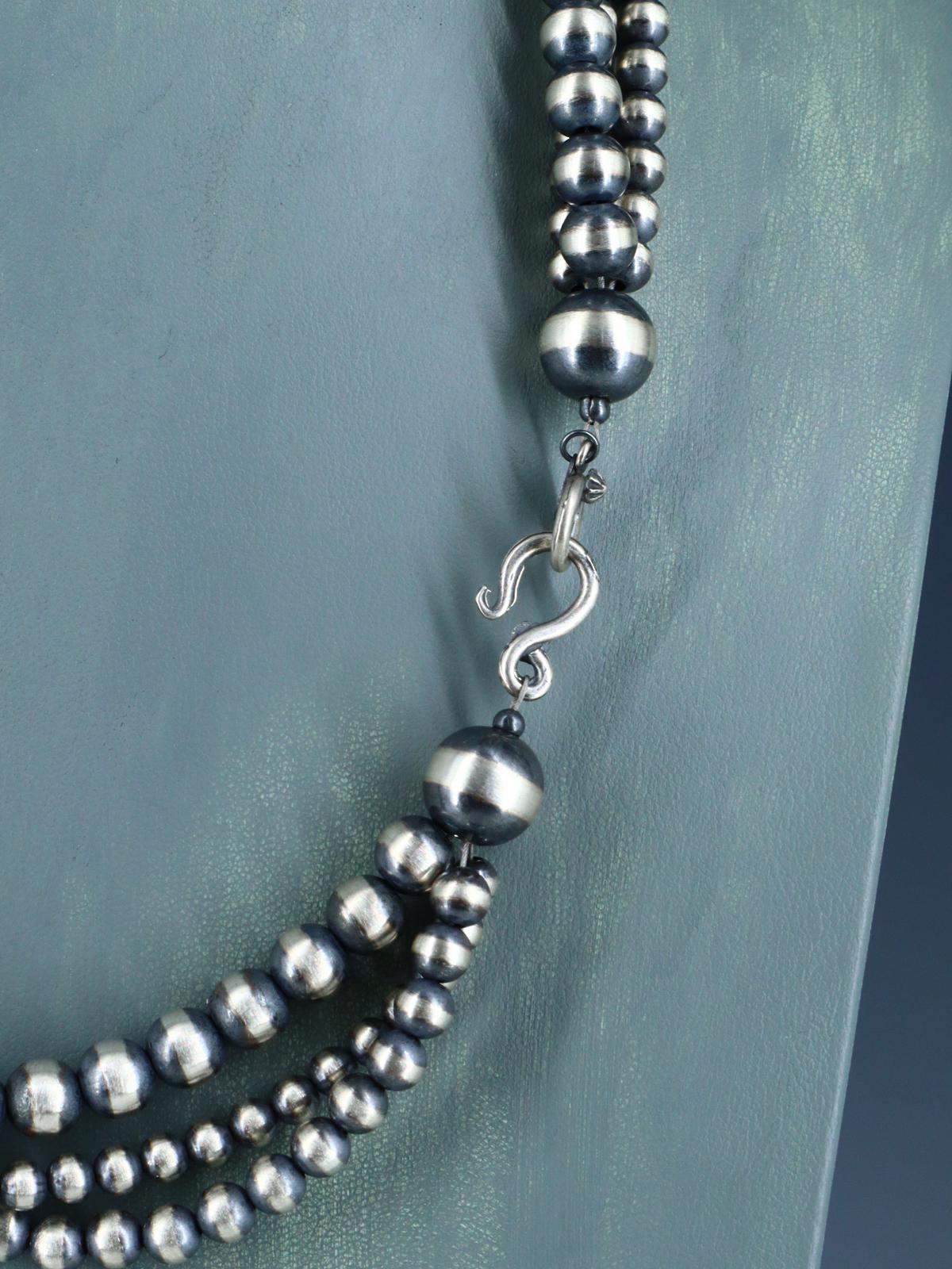 22" Navajo Jewelry Three Strand Sterling Silver Beaded Necklace