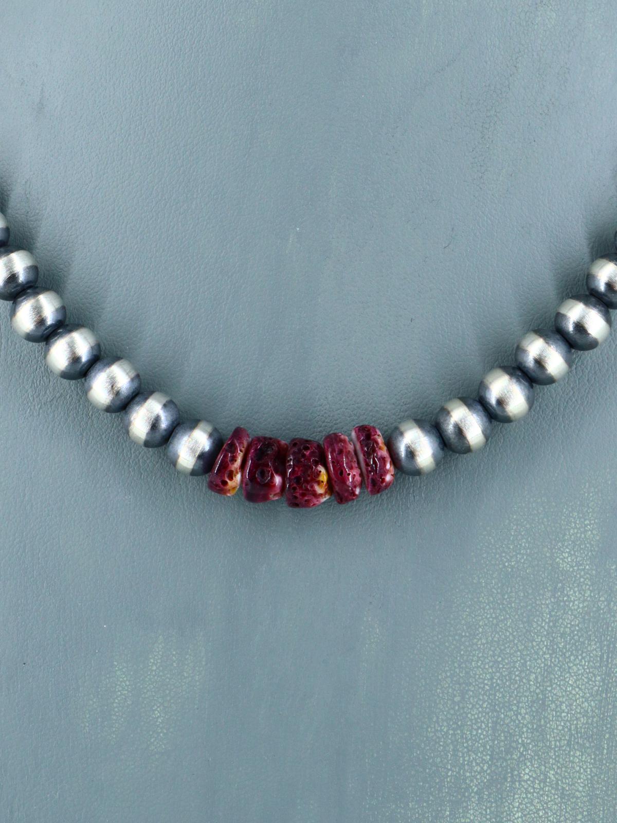 18" Native American Spiny Oyster and Silver Bead Necklace