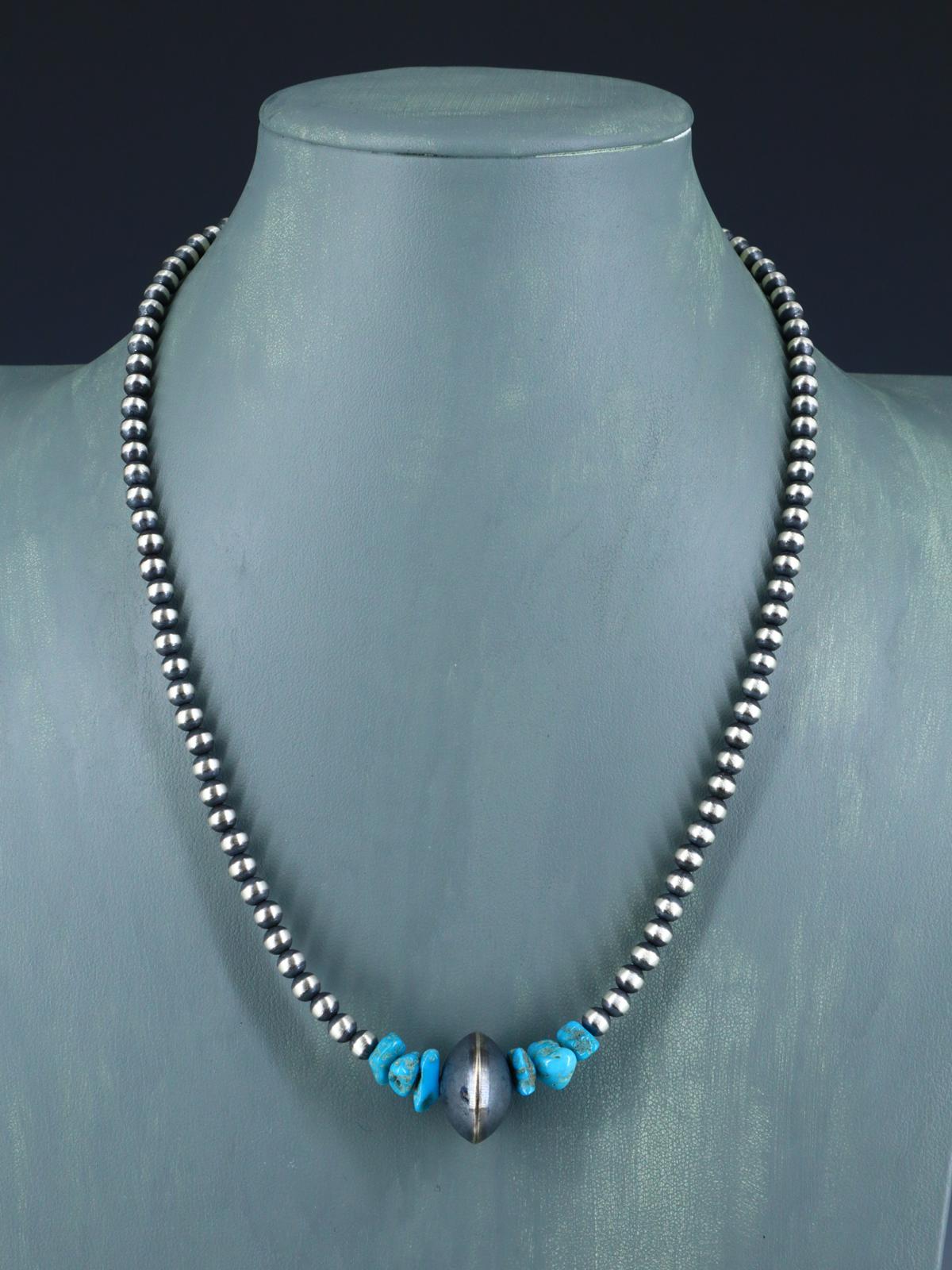 Native American Turquoise Nugget and Silver Bead Necklace