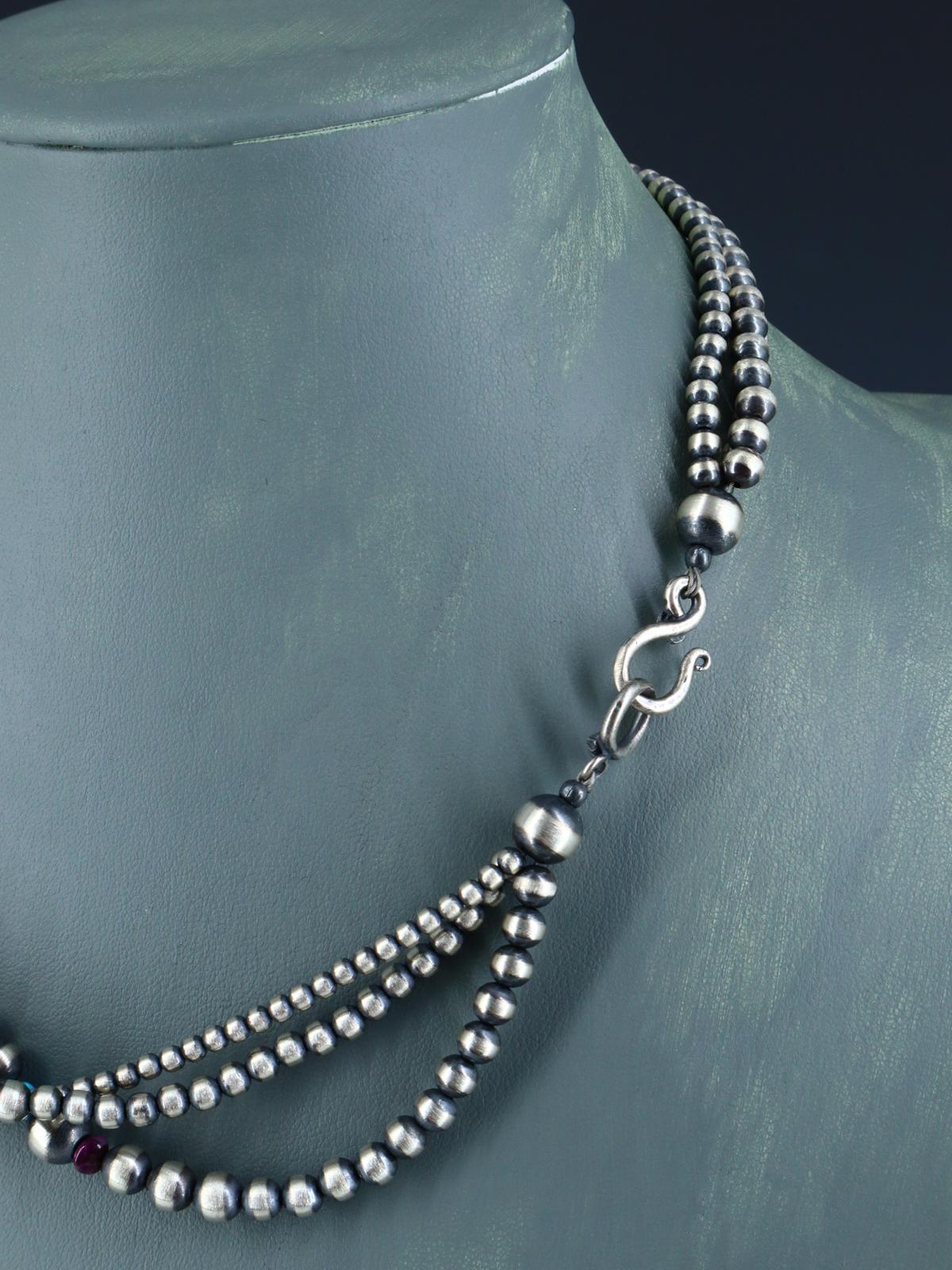 Native American Three Strand Turquoise, Spiny Oyster and Silver Bead Necklace