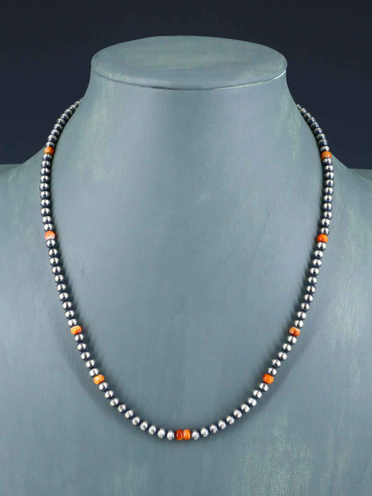 18" Native American Spiny Oyster and Silver Bead Necklace
