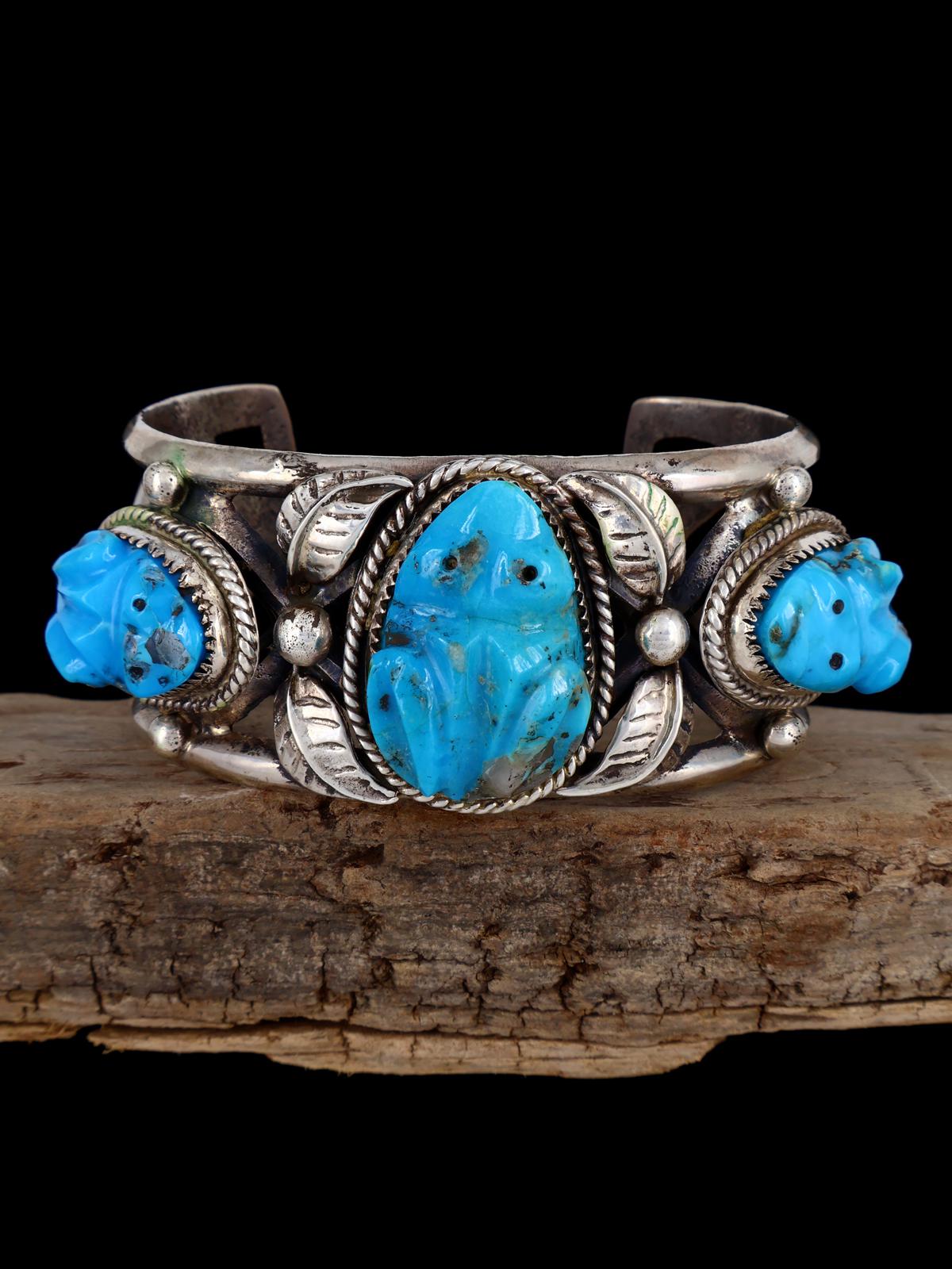 Vintage Zuni Turquoise Carved Frog Sterling Silver Bracelet