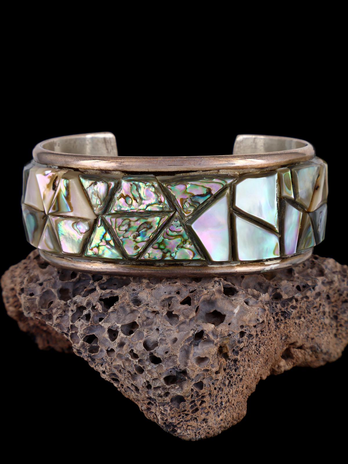 Estate Navajo Sterling Silver Abalone Inlay Cuff Bracelet - PuebloDirect.com