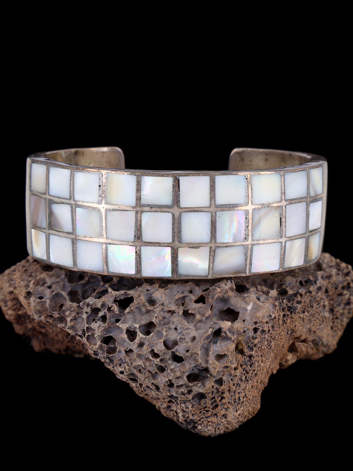 Vintage Estate Navajo Sterling Silver Mother of Pearl Inlay Cuff Bracelet - PuebloDirect.com