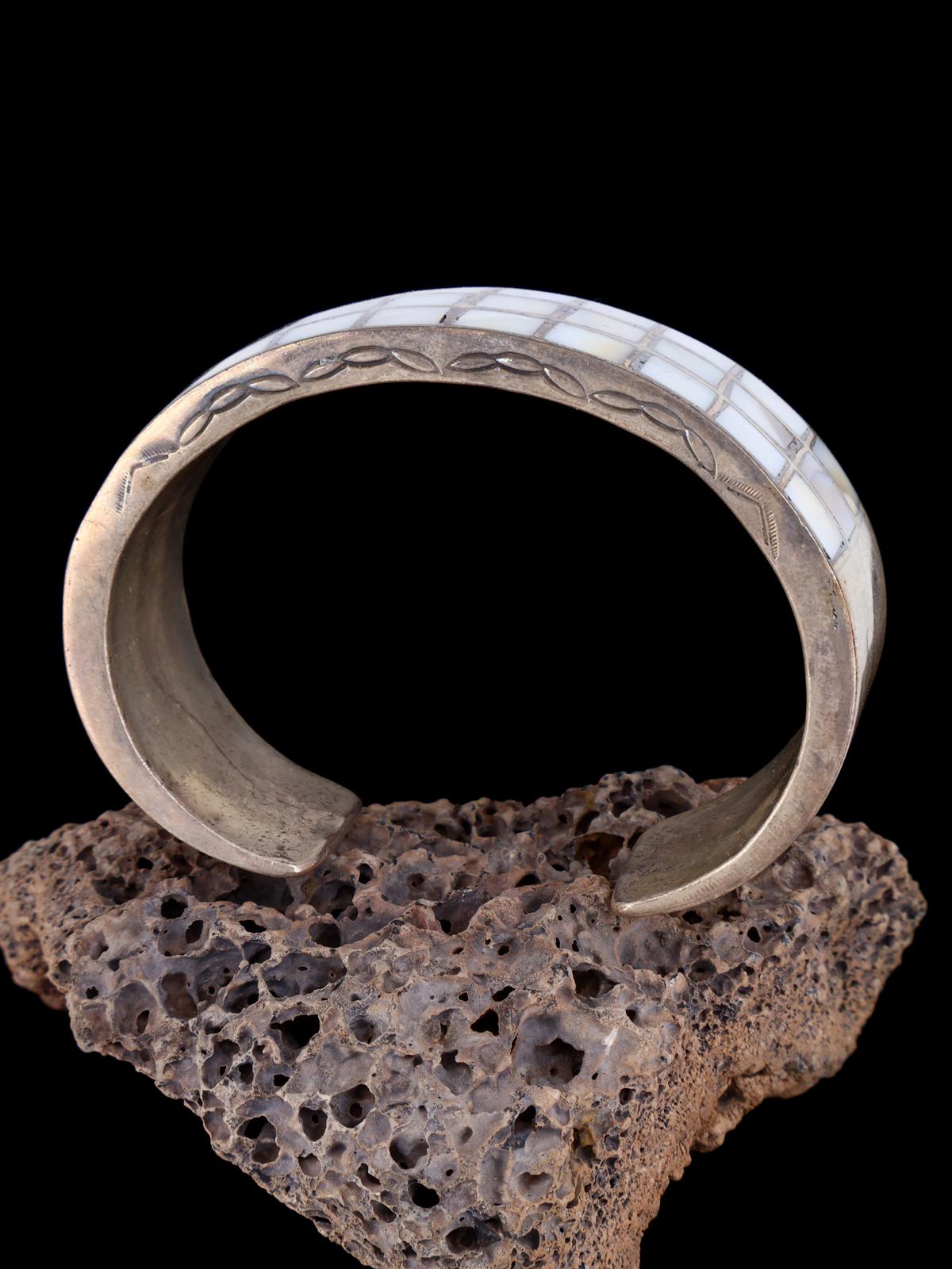 Vintage Estate Navajo Sterling Silver Mother of Pearl Inlay Cuff Bracelet - PuebloDirect.com