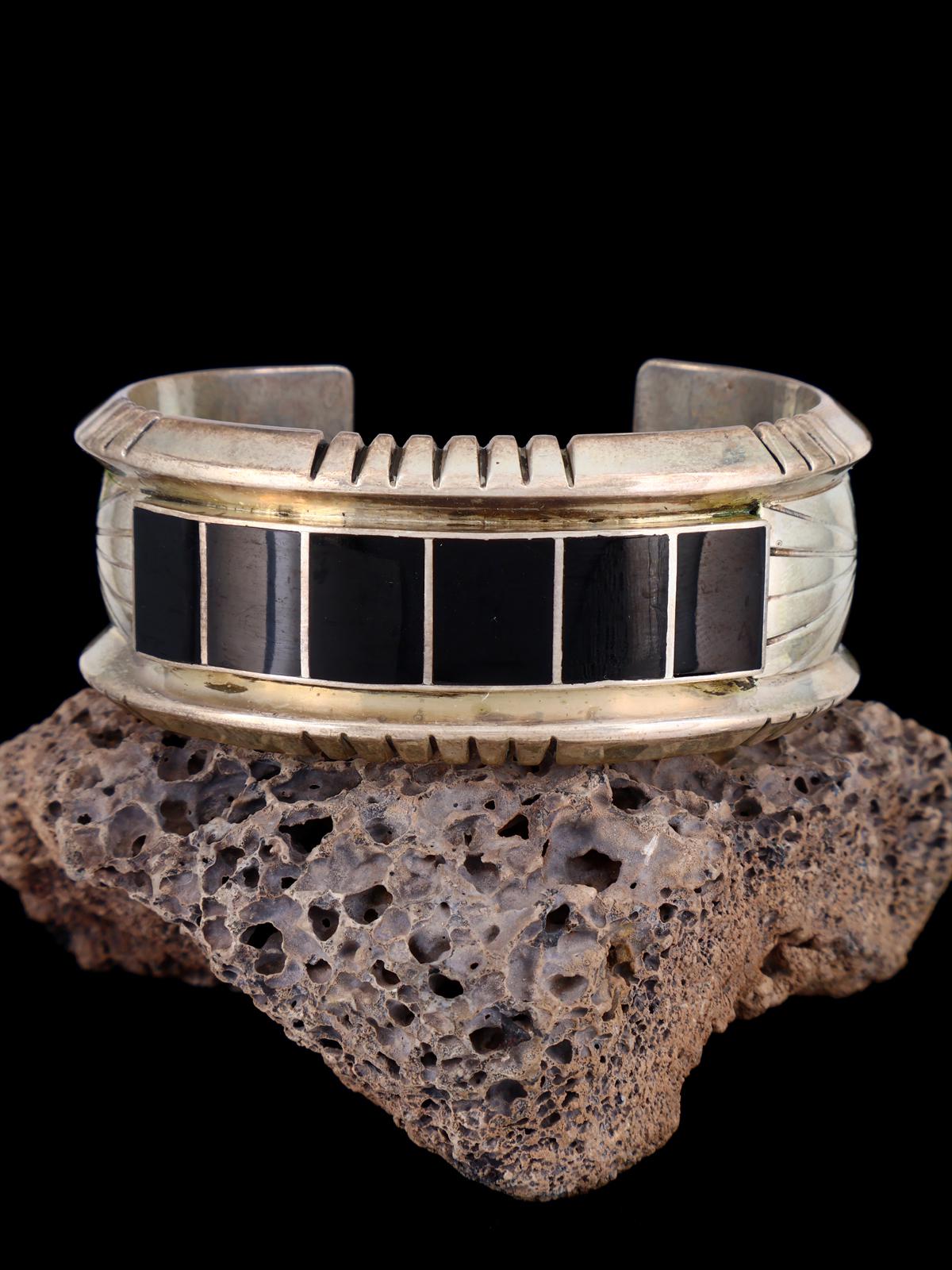 Estate Navajo Sterling Silver Jet Inlay Cuff Bracelet - PuebloDirect.com