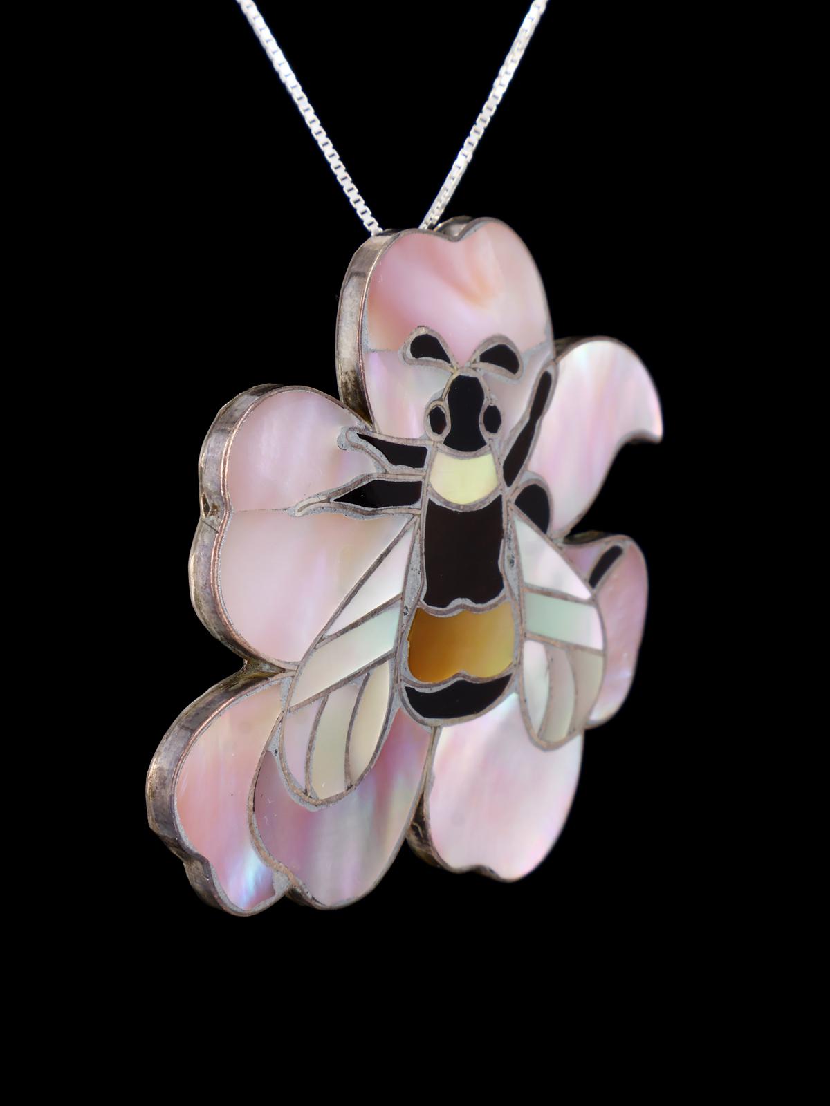 Vintage Old Zuni Flower and Bee Inlay Pin Pendant - PuebloDirect.com
