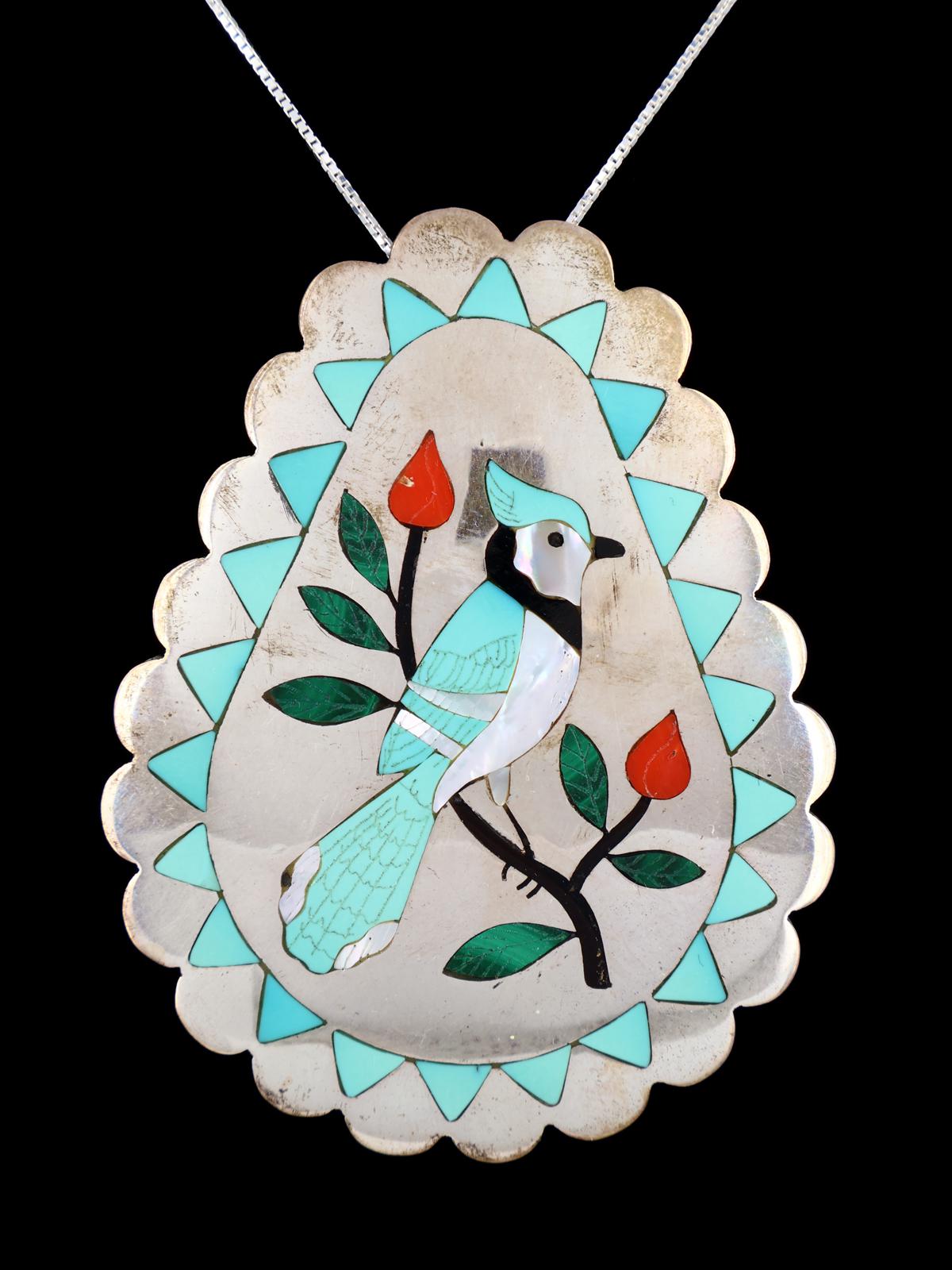 Vintage Estate Sterling Silver Zuni Inlay Blue Jay Pendant - PuebloDirect.com