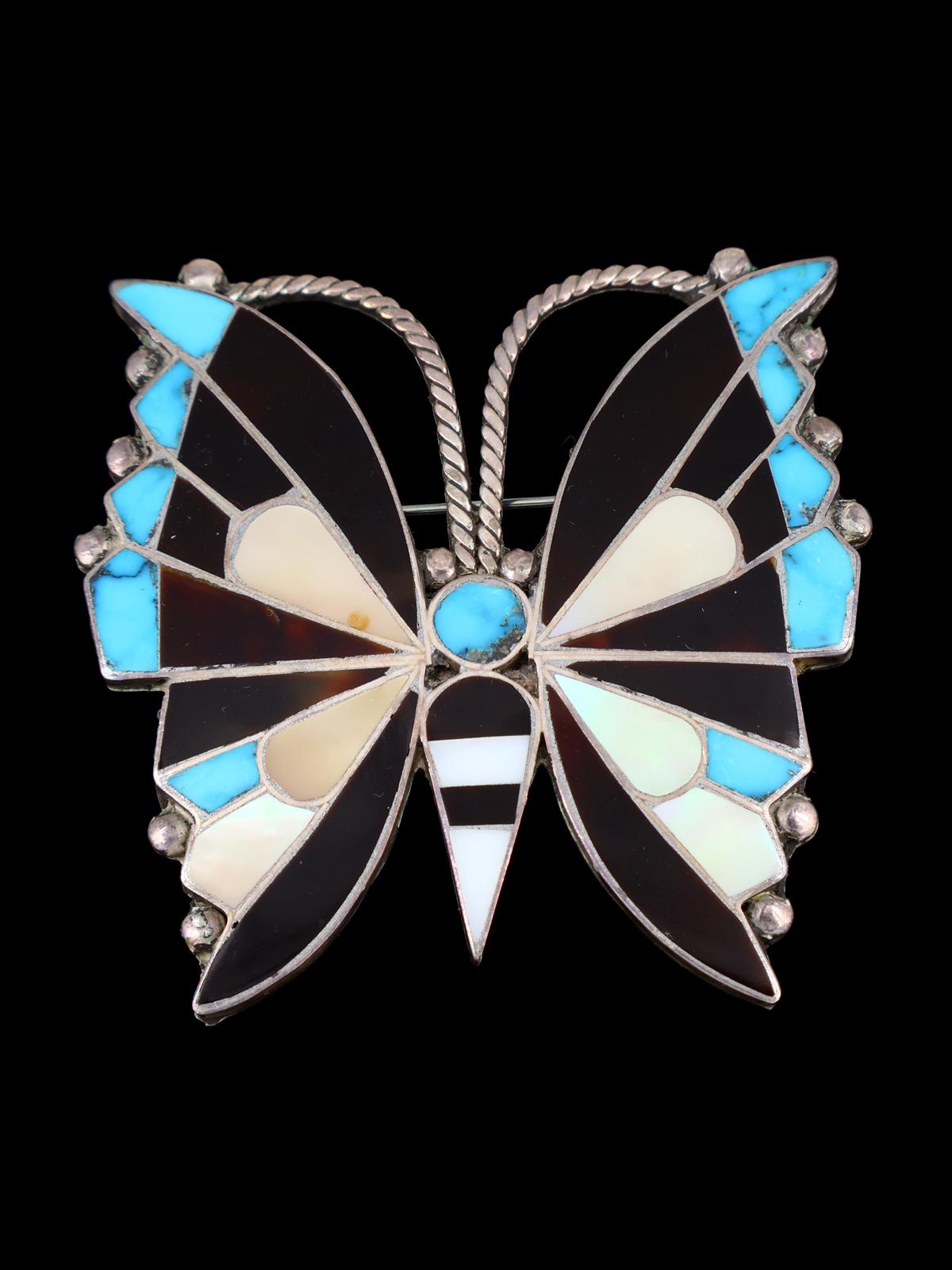 Vintage Old Zuni Inlay Butterfly Sterling Silver Pin
