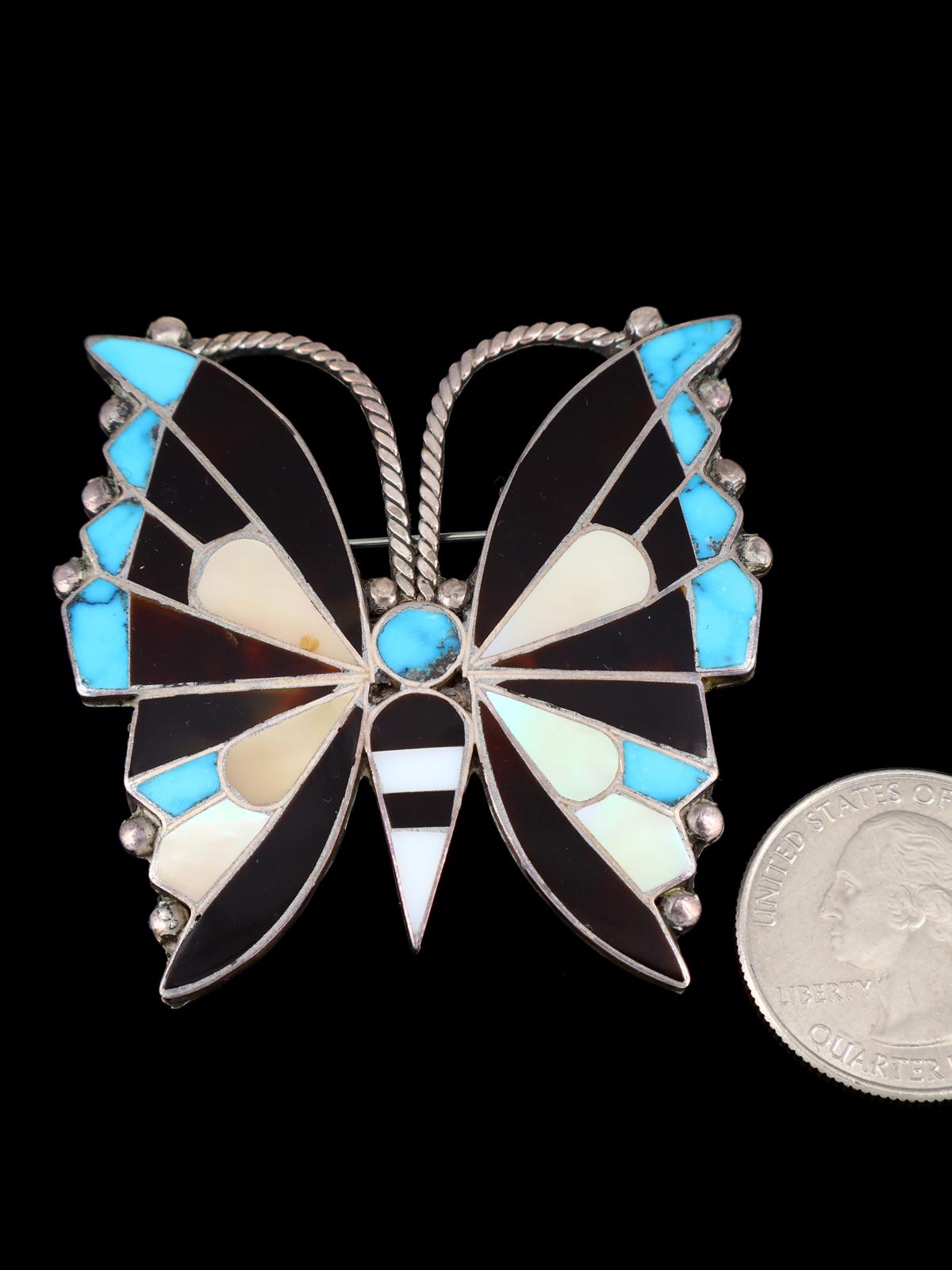Vintage Old Zuni Inlay Butterfly Sterling Silver Pin