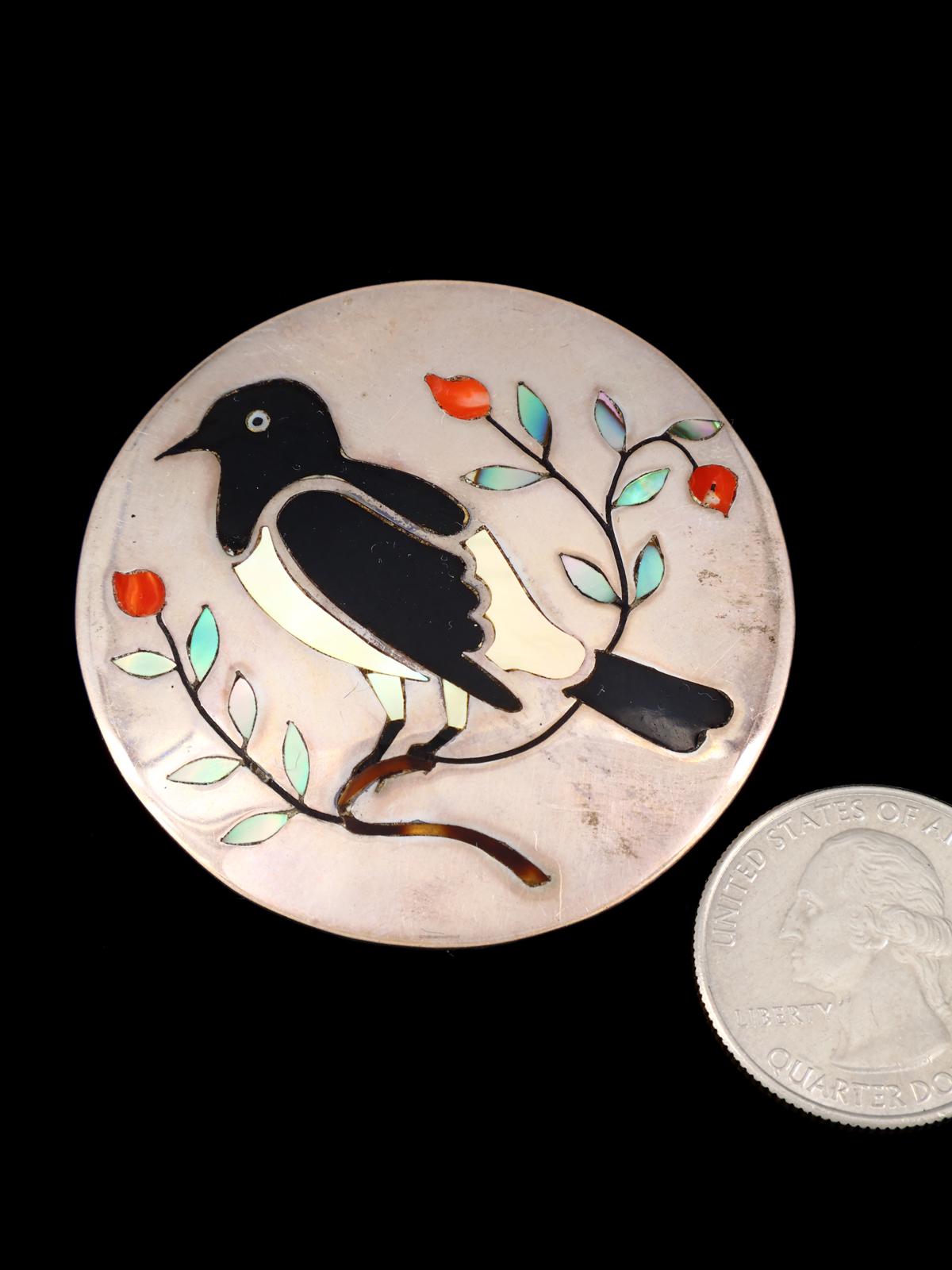 Vintage Jewelry Sterling Silver Inlaid Bird Brooch Pin - PuebloDirect.com