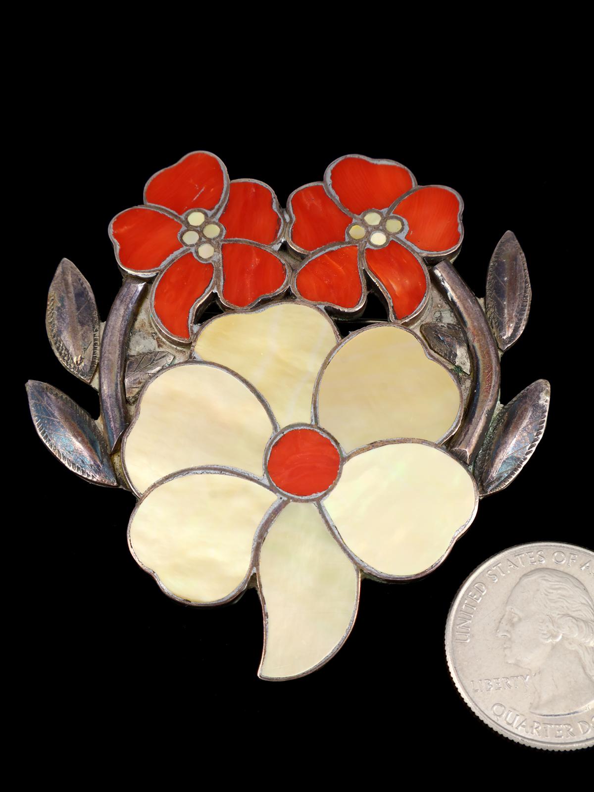 Vintage Old Zuni Flower Inlay Pin Brooch - PuebloDirect.com