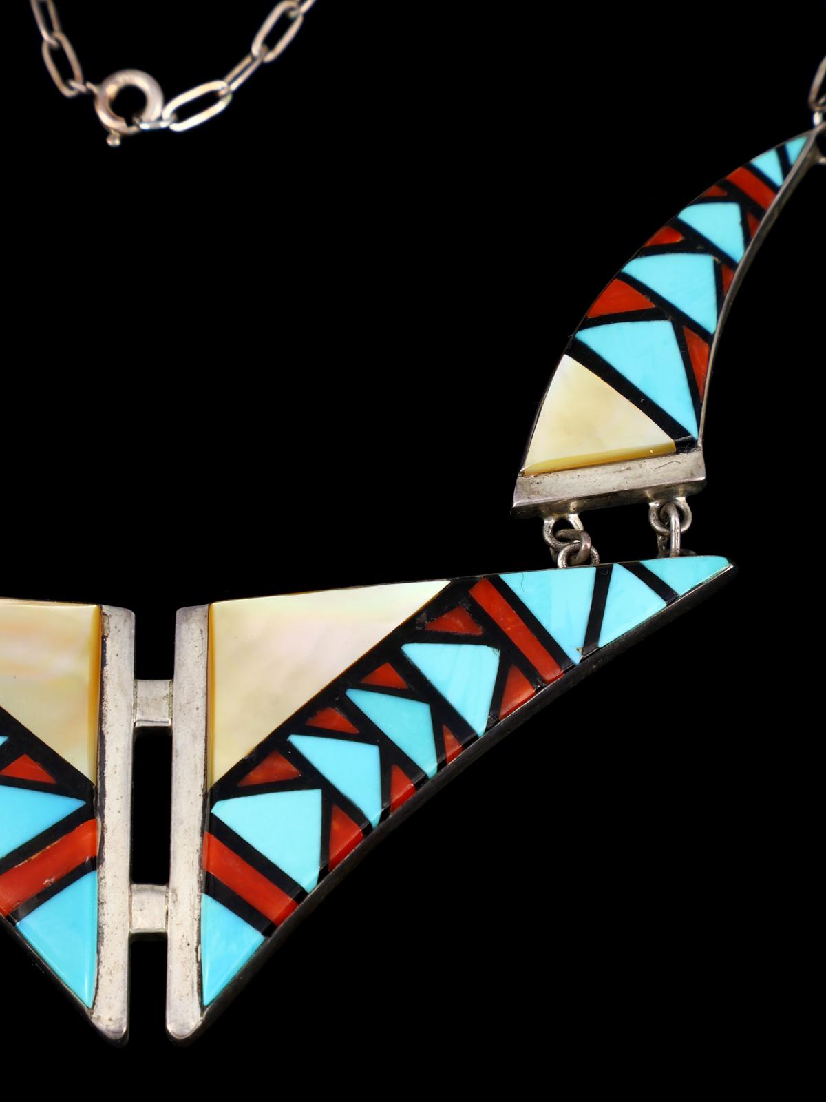 Estate Vintage Native American Inlay Sterling Silver Necklace - PuebloDirect.com