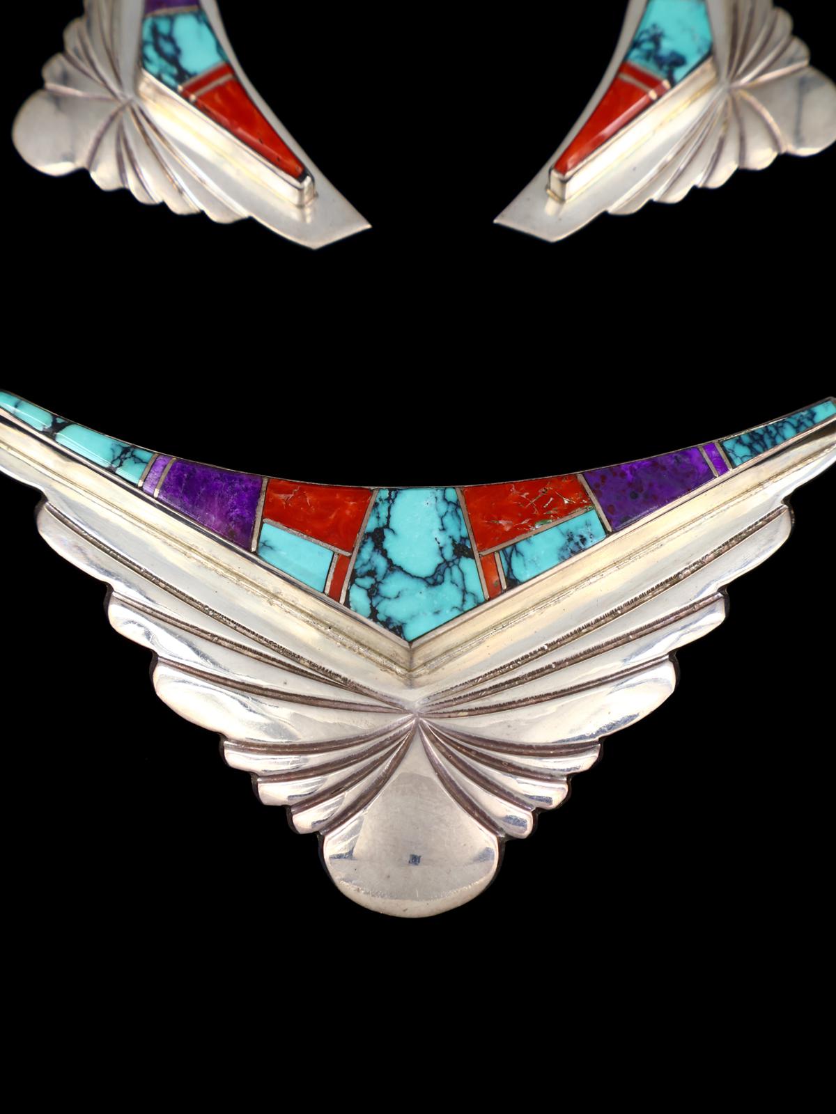 Estate Vintage Navajo Inlay Sterling Silver Necklace Set - PuebloDirect.com