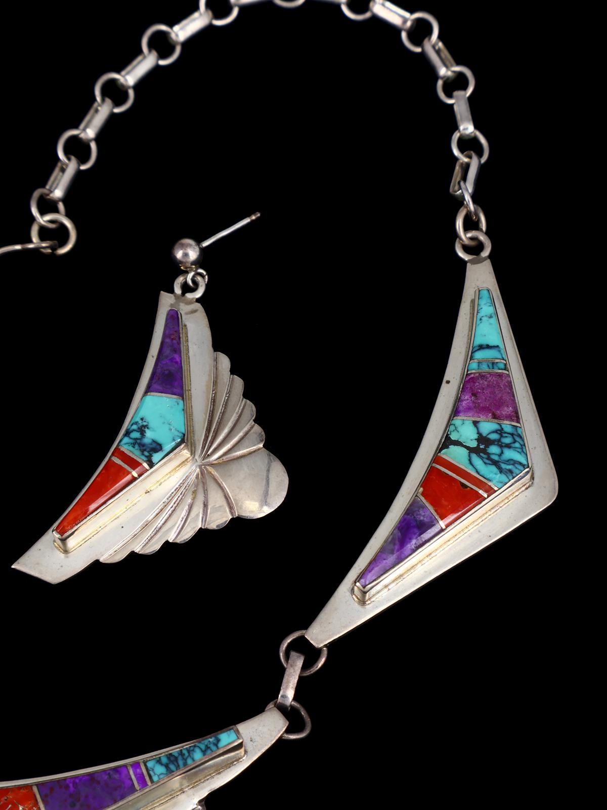 Estate Vintage Navajo Inlay Sterling Silver Necklace Set - PuebloDirect.com